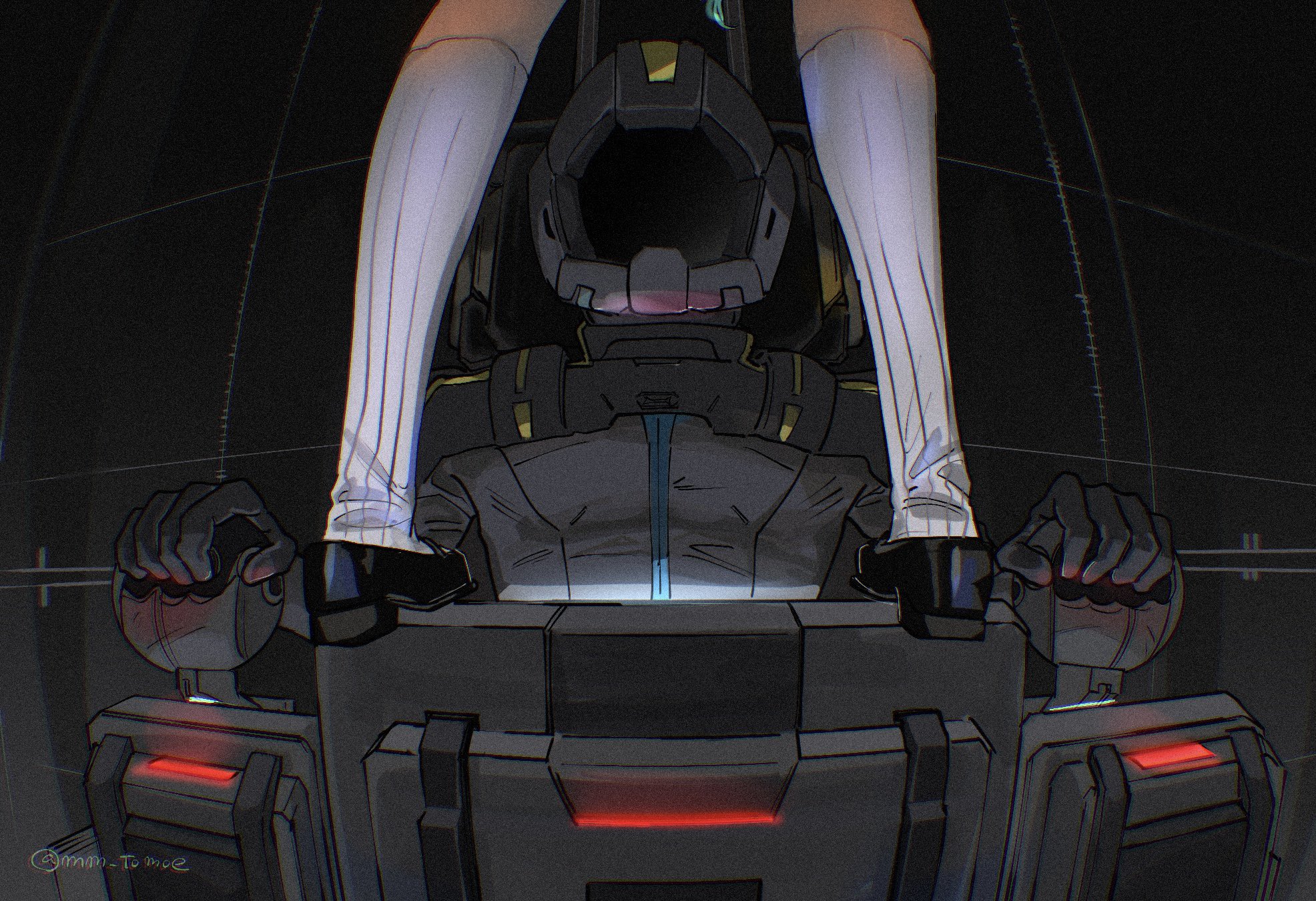 67k, hathaway noa, gundam, gundam hathaway's flash, highres, 1boy, 1girl, black shoes, cockpit, control stick, film grain, helmet, kneehighs, legs, mecha interior, mecha pilot suit, pilot, pilot chair, pilot helmet, science fiction, shoes, socks, white socks