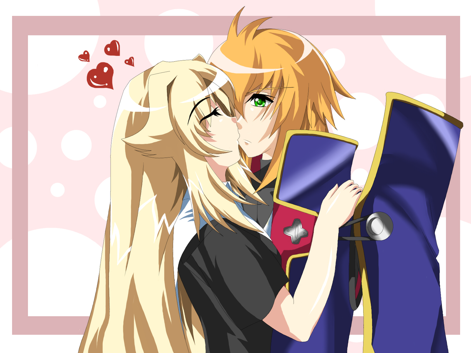 eien no kurayami, kisaragi jin, weiss (arcana heart), aq interactive, arc system works, arcana heart, arcana heart 3, atlus, blazblue, blazblue: calamity trigger, examu, m.u.g.e.n, bad id, bad pixiv id, highres, 1boy, 1girl, blonde hair, crossover, green eyes, hetero, kiss, military, military uniform