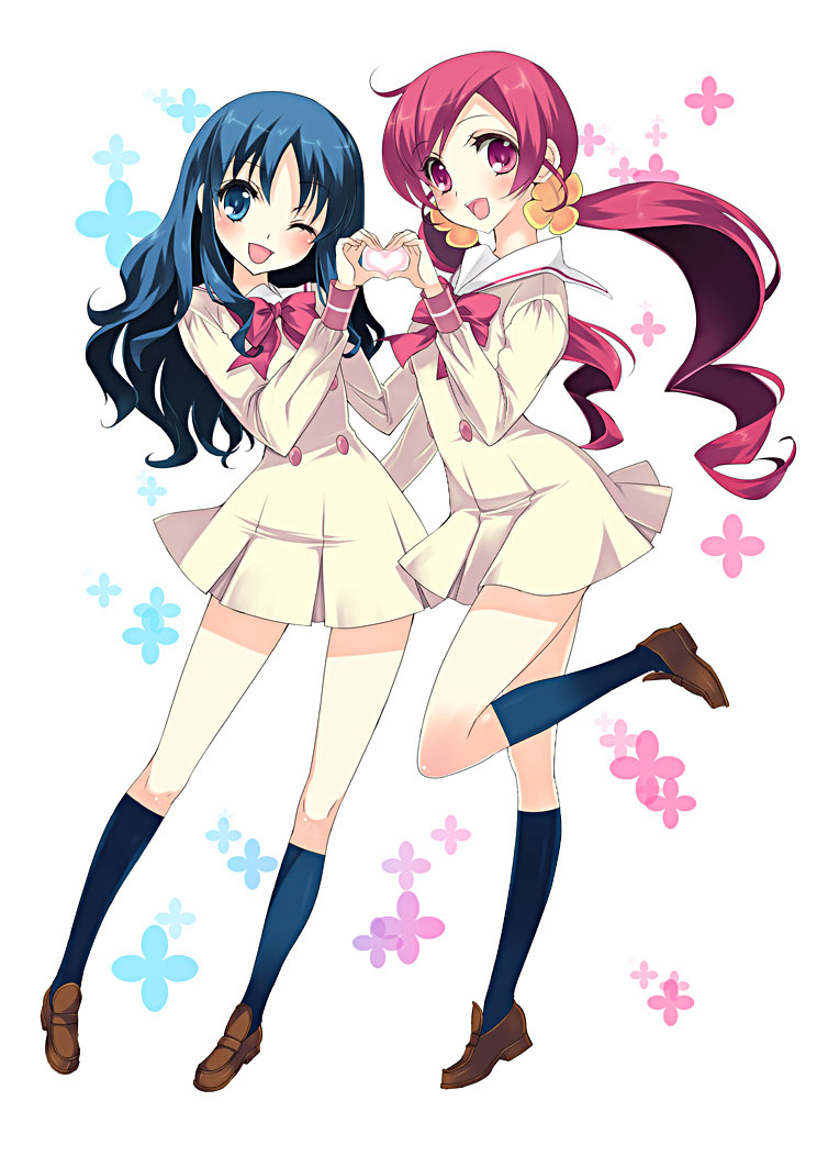 yukiwo, hanasaki tsubomi, kurumi erika, heartcatch precure!, precure, bad id, bad pixiv id, 10s, 2girls, blue eyes, blue hair, heart, heart hands, heart hands duo, kneehighs, legs, multiple girls, one eye closed, pink eyes, pink hair, school uniform, simple background, socks, twintails, wink