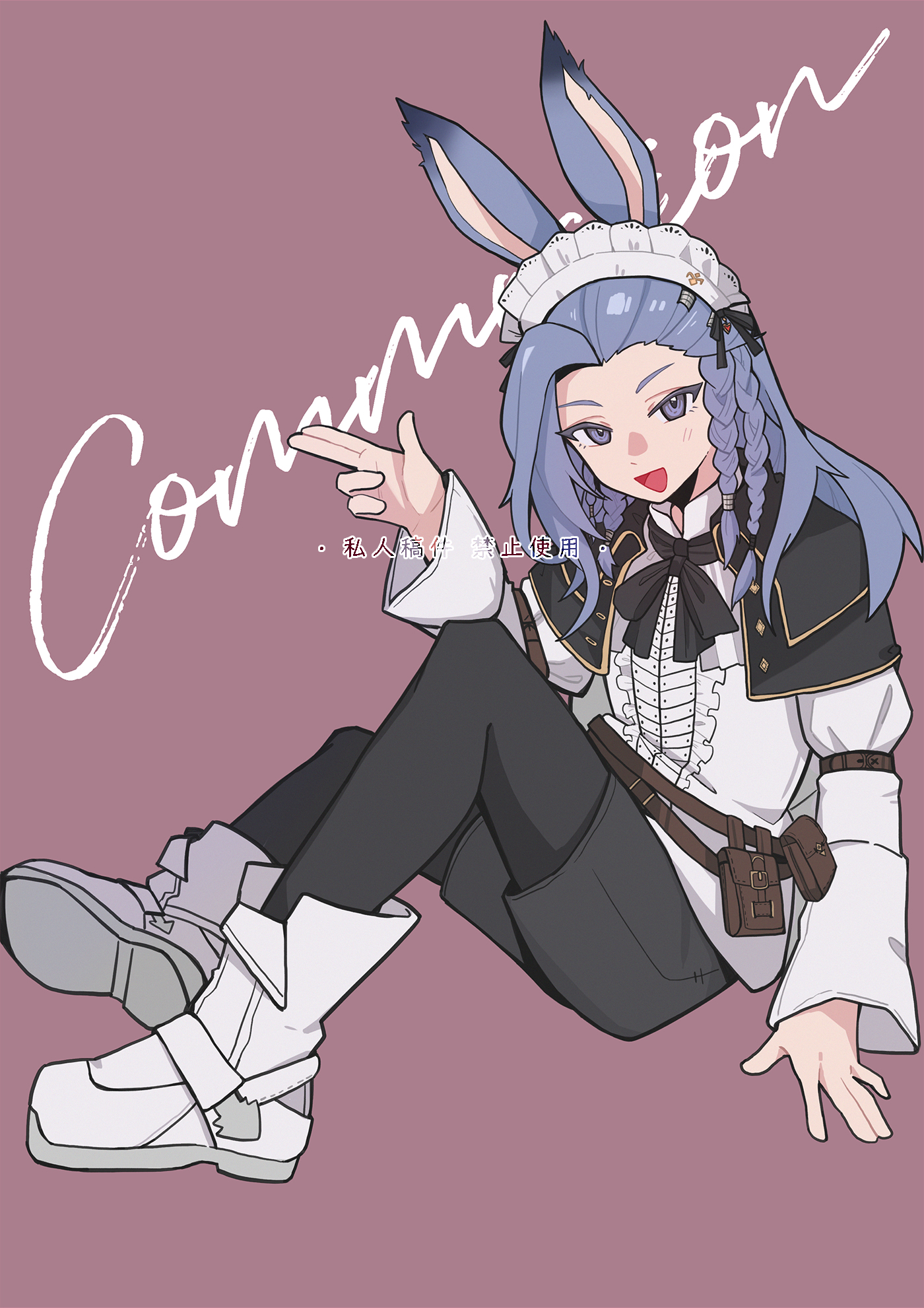 original, chinese commentary, commentary request, highres, 1boy, animal ears, black pantyhose, blue eyes, blue hair, boots, bow, braid, capelet, chinese text, english text, forehead, long hair, long sleeves, looking at viewer, maid headdress, mixed-language text, multiple braids, open mouth, pantyhose, rabbit ears, shirt, shorts, simple background, sitting, smile, solo, tingliang, viera, white shirt