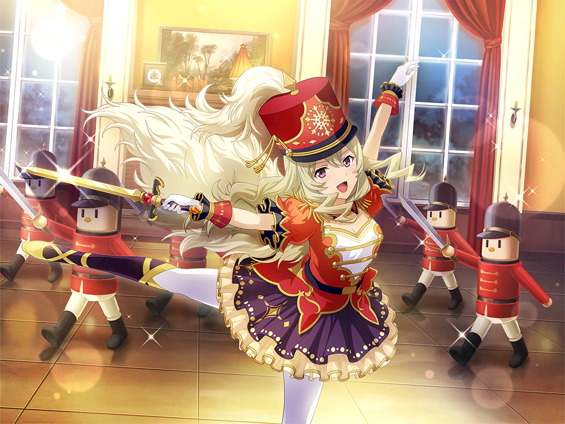 saijou claudine, shoujo kageki revue starlight, shoujo kageki revue starlight -re live-, the nutcracker, game cg, official art, 1girl, ballet, ballet slippers, breasts, cleavage, cosplay, frilled skirt, frilled sleeves, frills, gloves, grey hair, hat, holding, holding sword, holding weapon, indoors, jacket, long hair, looking at viewer, medium breasts, nutcracker, open mouth, outstretched arms, pantyhose, picture frame, puffy short sleeves, puffy sleeves, purple eyes, purple skirt, red hat, red jacket, short sleeves, skirt, solo, standing, standing on one leg, sword, the nutcracker (character), the nutcracker (character) (cosplay), upper body, weapon, white gloves, white pantyhose, window