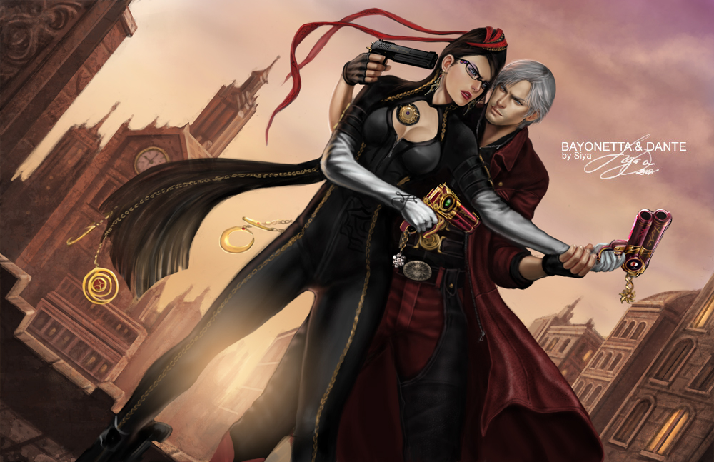 siya oum, bayonetta, dante (devil may cry), bayonetta (series), bayonetta 1, capcom, devil may cry (series), silver hair, 1boy, 1girl, black hair, blue eyes, bodysuit, breasts, creator connection, crossover, earrings, eyeshadow, fingerless gloves, glasses, gloves, gun, handgun, jewelry, lipstick, long hair, makeup, mexican standoff, realistic, short hair, smile, weapon