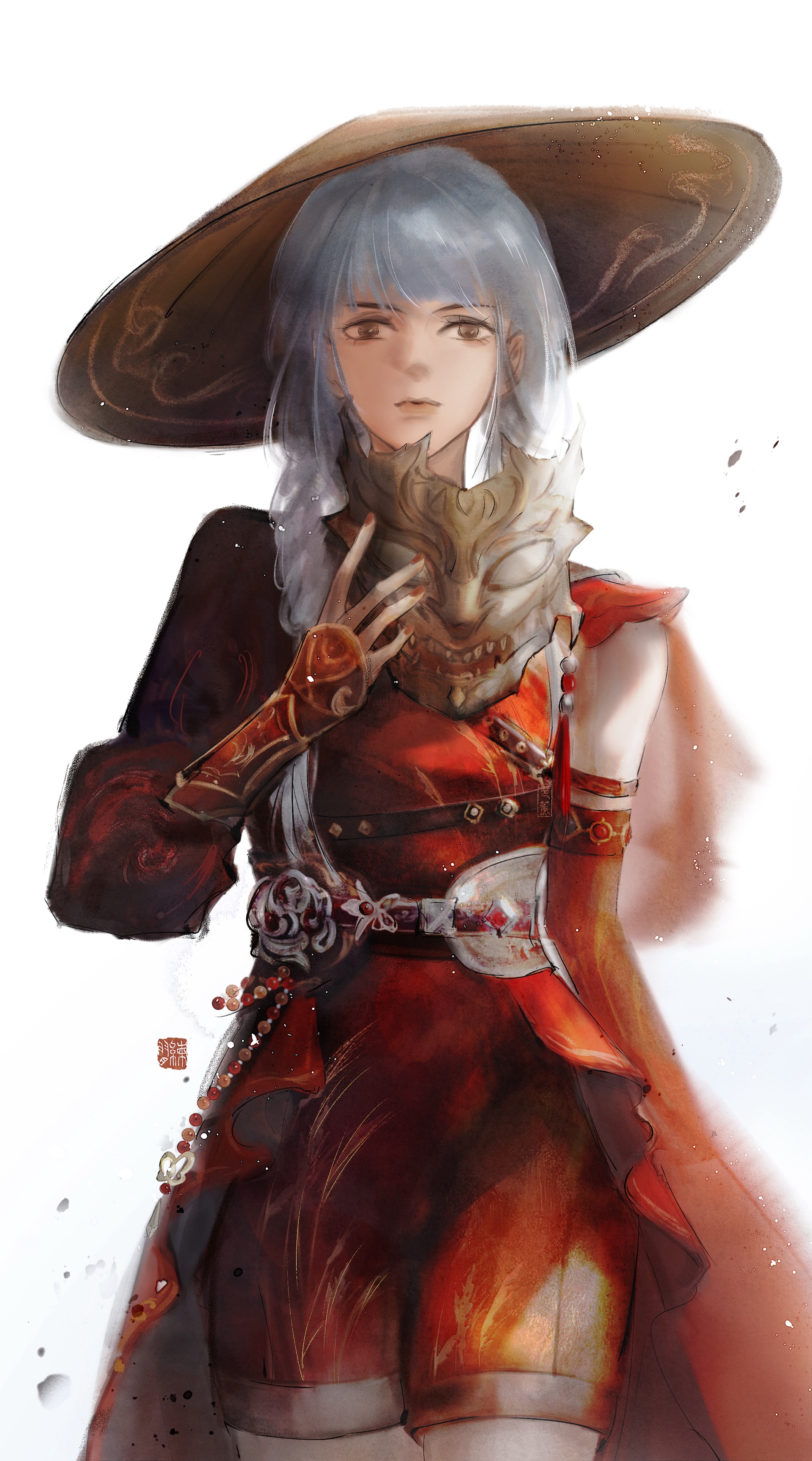 infinity nikki, nikki (series), absurdres, chinese commentary, commentary request, highres, 1girl, belt, black belt, black mask, blue hair, bracer, braid, brown eyes, brown hat, chest belt, chinese clothes, closed mouth, cowboy shot, detached sleeves, expressionless, hair over shoulder, hanfu, hat, holding, holding mask, light particles, lips, liuxianghezhao, long hair, long sleeves, looking at viewer, mask, multiple belts, nail polish, nefarious shadows (infinity nikki), official alternate color, oni mask, puffy long sleeves, puffy sleeves, realistic, red hanfu, red nails, red sleeves, simple background, single bare shoulder, single detached sleeve, solo, standing, straw hat, twin braids, very long hair, white background