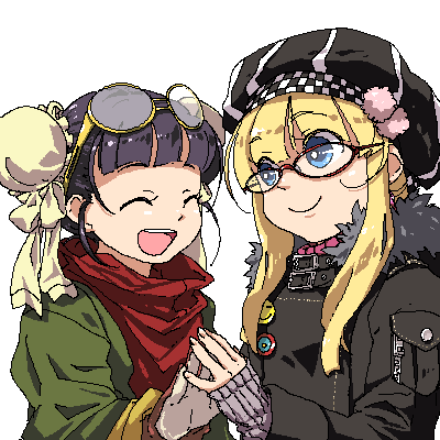 kihara, kiharatta, monk (sekaiju), monk 2 (sekaiju), princess (sekaiju), sovereign 2 (sekaiju), atlus, etrian odyssey, sekaiju no meikyuu, sekaiju no meikyuu 3, lowres, 2girls, black hair, blonde hair, blue eyes, closed eyes, contemporary, double bun, eyewear on head, glasses, gloves, hair bun, hat, multiple girls, oekaki, red-framed eyewear, smile, sovereign (sekaiju), yellow-framed eyewear, yellow theme, zipper
