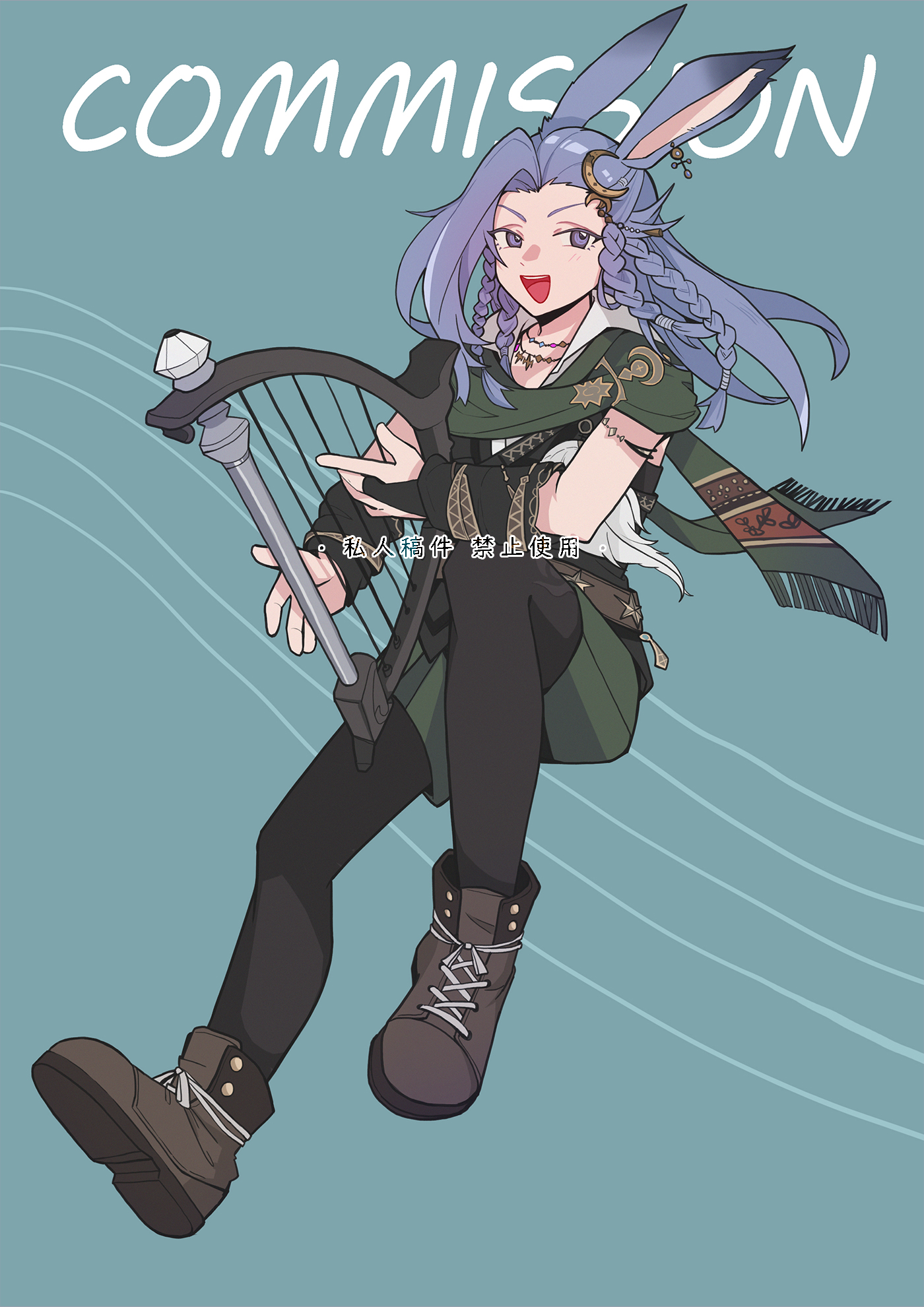 original, chinese commentary, commentary request, highres, 1boy, :d, animal earrings, animal ears, blue eyes, blue hair, boots, braid, chinese text, crescent, crescent hair ornament, earrings, english text, full body, green scarf, hair ornament, harp, holding, holding instrument, instrument, jewelry, long hair, mixed-language text, multiple braids, music, necklace, open mouth, pantyhose, playing instrument, purple eyes, purple hair, rabbit ears, scarf, smile, solo, tingliang, viera