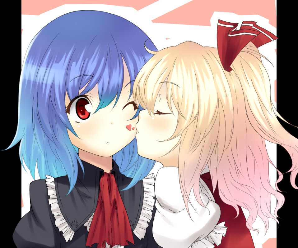 hiroya juuren, flandre scarlet, remilia scarlet, touhou, 2girls, alternate costume, blonde hair, blue hair, closed eyes, female focus, gradient hair, heart, incest, kiss, multicolored hair, multiple girls, no headwear, one eye closed, pink hair, ponytail, red eyes, short hair, siblings, side ponytail, sisters, upper body, wink, yuri