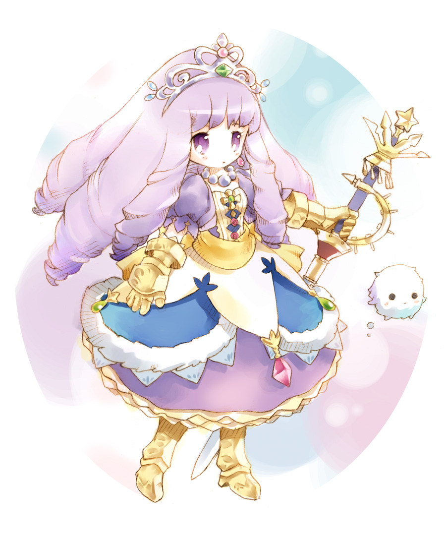 sei mutsuki, princess (sekaiju), sovereign 4 (sekaiju), atlus, etrian odyssey, sekaiju no meikyuu, sekaiju no meikyuu 3, bad id, bad pixiv id, 1girl, armor, armored dress, dress, female focus, gauntlets, greaves, long hair, purple eyes, purple hair, scepter, solo, sovereign (sekaiju), sword, tiara, weapon