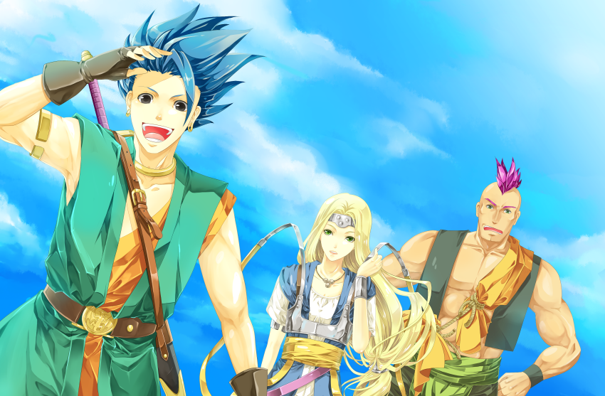 md230101, hassan (dq6), hero (dq6), mireyu, dragon quest, dragon quest vi, bad id, bad pixiv id, 1girl, 2boys, blonde hair, circlet, fingerless gloves, gloves, green eyes, long hair, low-tied long hair, mohawk, multiple boys, ribbon, sword, vest, weapon