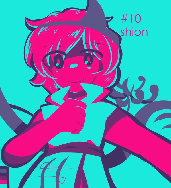 jandare, shion (len'en), len'en, bad id, bad pixiv id, commentary request, image sample, pixiv sample, androgynous, aqua background, bare arms, bare shoulders, black eyes, character name, clenched hand, closed mouth, collared dress, color guide, colored skin, dress, energy wings, eyes visible through hair, hand on own chest, happy, high collar, high contrast, japanese clothes, limited palette, other focus, pink hair, pink pupils, pink skin, purple wings, short hair, side slit, simple background, sleeveless, sleeveless dress, smile, straight-on, triangular headpiece, white dress, wings