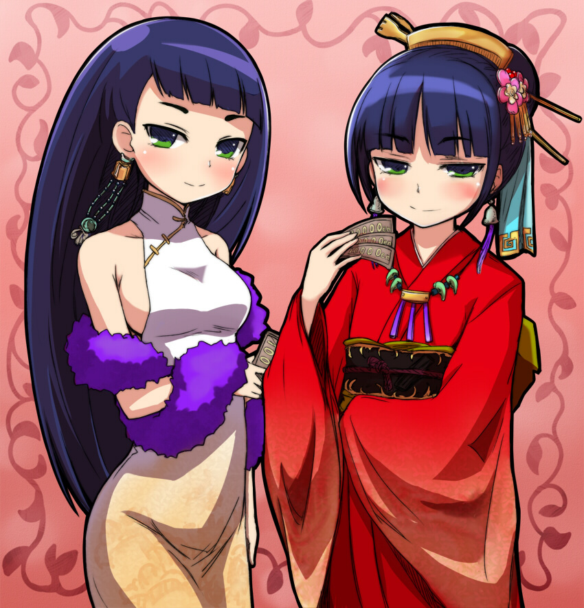 negija, napier, atlus, etrian odyssey, sekaiju no meikyuu, sekaiju no meikyuu 3, 2girls, bare shoulders, bell, black hair, blue hair, china dress, chinese clothes, dress, earrings, feather boa, green eyes, hair bun, hair ornament, jewelry, multiple girls, necklace, single hair bun