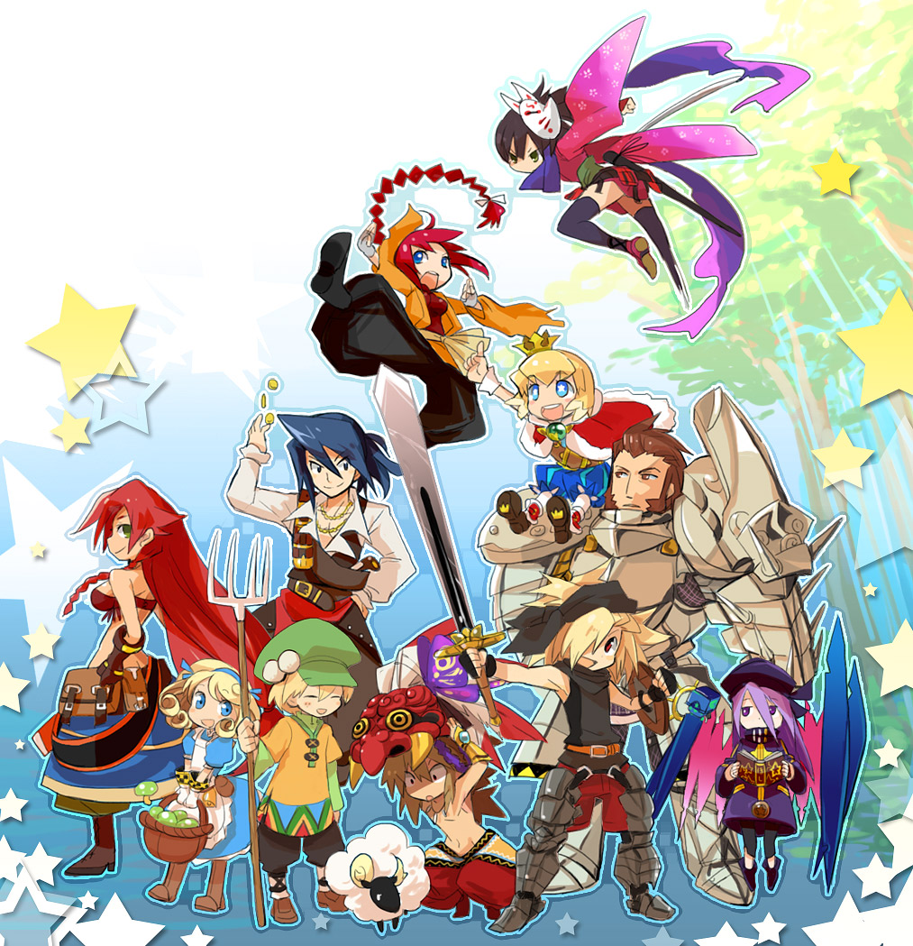 mike (3isk), ballista (sekaiju), ballista 4 (sekaiju), beast king (sekaiju), beast king 3 (sekaiju), farmer (sekaiju), farmer 1 (sekaiju), farmer 4 (sekaiju), monk (sekaiju), monk 4 (sekaiju), phalanx (sekaiju), phalanx 1 (sekaiju), pirate (sekaiju), pirate 3 (sekaiju), prince (sekaiju), shinobi (sekaiju), shinobi 4 (sekaiju), sovereign 1 (sekaiju), warrior (sekaiju), warrior 3 (sekaiju), zodiac (sekaiju), zodiac 2 (sekaiju), atlus, etrian odyssey, sekaiju no meikyuu, sekaiju no meikyuu 3, bad id, bad pixiv id, 5girls, 6+boys, armor, belt, blonde hair, blue hair, book, braid, brown hair, coin, crown, fingerless gloves, fox mask, gloves, hat, japanese clothes, katana, kimono, mask, midriff, multiple boys, multiple girls, mushroom, pitchfork, purple hair, red hair, sheep, sovereign (sekaiju), star (symbol), sword, thighhighs, tree, weapon