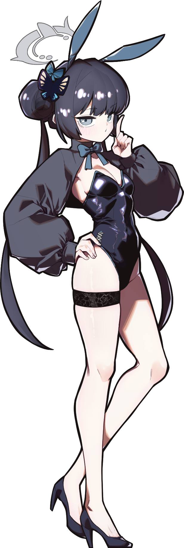 yong ta, kisaki (blue archive), blue archive, commentary request, highres, korean commentary, 1girl, animal ear hairband, animal ears, black hair, black leotard, black sleeves, blue bow, blue bowtie, bow, bowtie, braid, braided bun, breasts, butterfly hair ornament, detached collar, double bun, fake animal ears, full body, grey eyes, grey halo, hair bun, hair ornament, hairband, halo, hand on own hip, high heels, leotard, long hair, long sleeves, looking at viewer, open mouth, playboy bunny, pointing, pointing up, puffy long sleeves, puffy sleeves, rabbit ear hairband, rabbit ears, simple background, small breasts, solo, strapless, strapless leotard, thigh strap, thighs, twintails, white background
