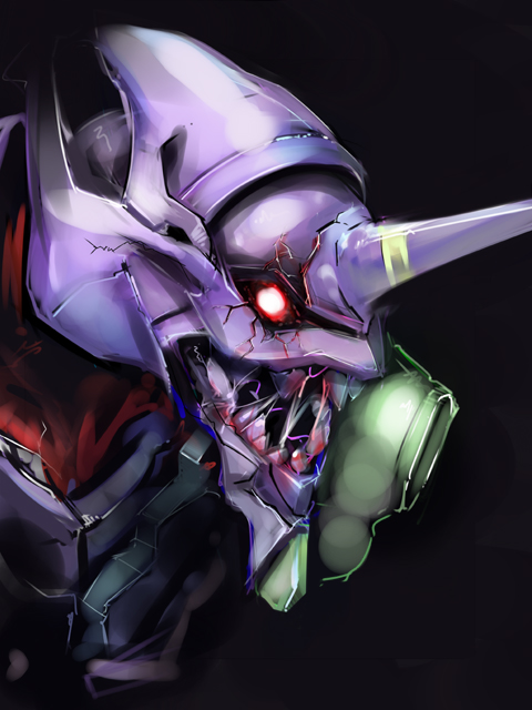 ohigetan, eva 01, neon genesis evangelion, blood, creepy, glowing, glowing eyes, horror (theme), mecha, no humans, robot, teeth