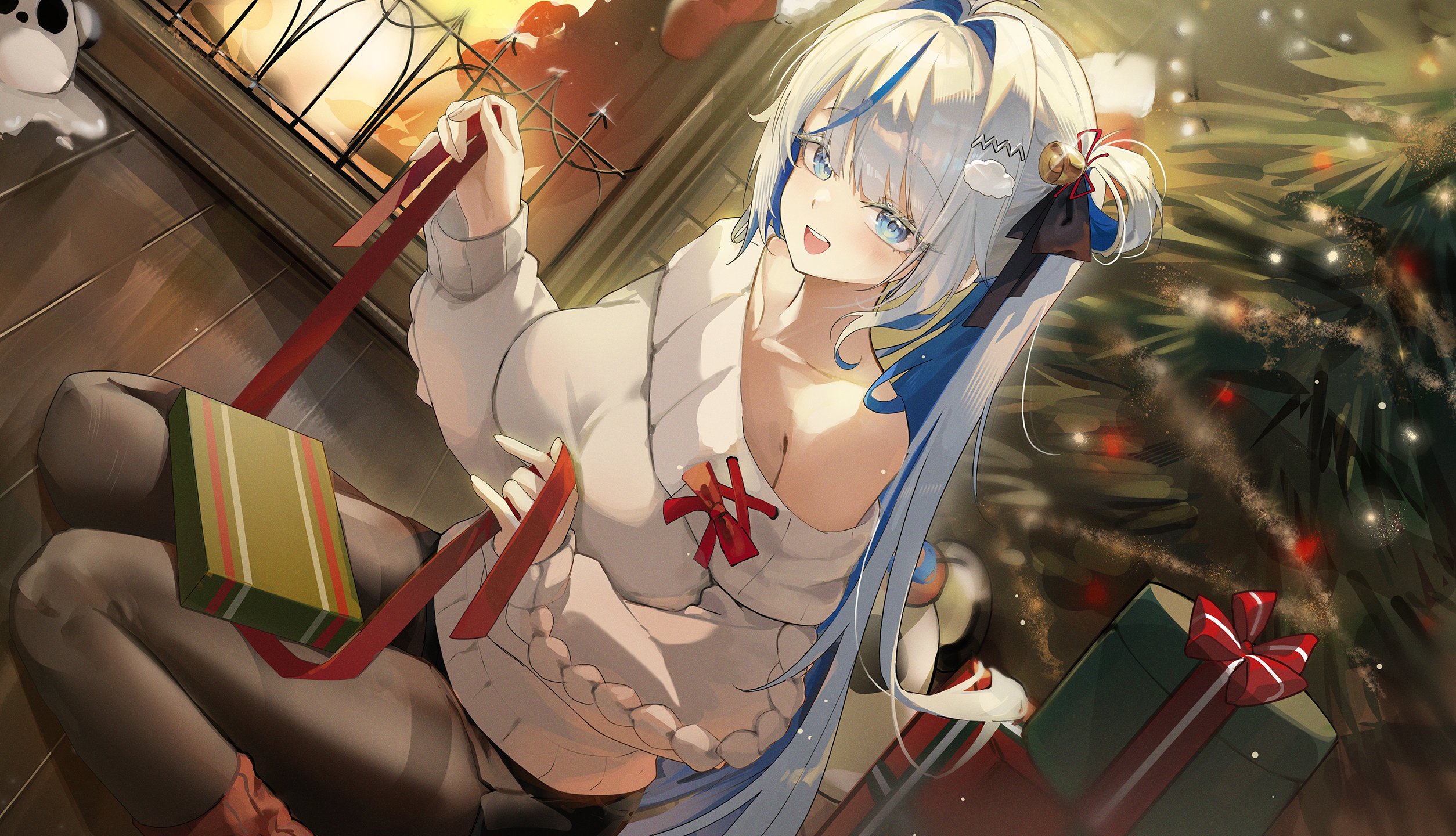 gakincho02, aokumo rin, stellive, highres, 1girl, bell, black pantyhose, black ribbon, blue eyes, blue hair, bow, bowtie, box, christmas, christmas lights, christmas stocking, christmas tree, cloud hair ornament, collarbone, fireplace, gift, gift box, hair bell, hair ornament, hair ribbon, indoors, kurimi (aokumo rin), long hair, multicolored hair, off-shoulder sweater, off shoulder, open mouth, pantyhose, red bow, red bowtie, red ribbon, ribbon, side ponytail, single off shoulder, sitting, streaked hair, sweater, virtual youtuber, wariza, white hair, white sweater