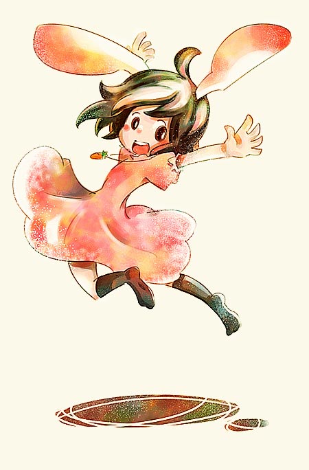 deko, inaba tewi, touhou, painting (medium), traditional media, watercolor (medium), 1girl, animal ears, brown eyes, brown hair, carrot, carrot necklace, female focus, jewelry, jumping, necklace, open mouth, rabbit ears, short hair, smile, socks, solo