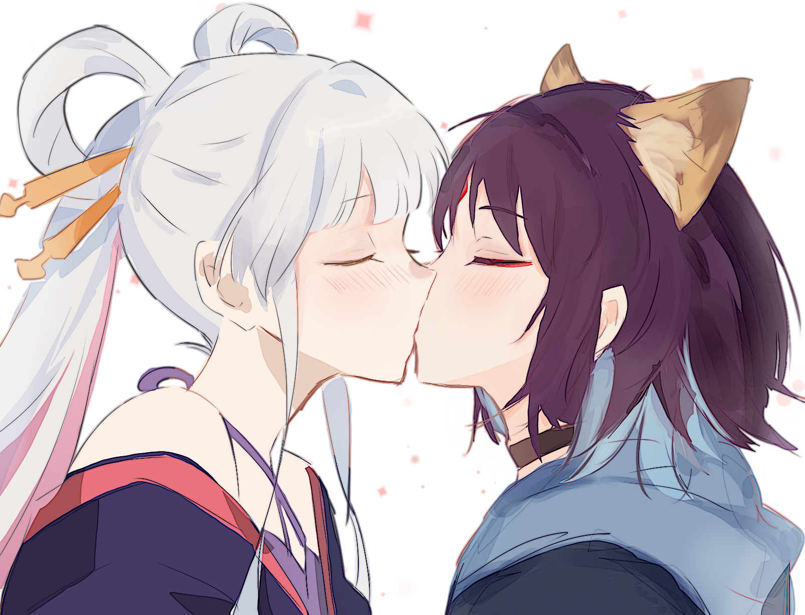 runami yachiyo, sakayori iroha, cho kaguya-hime!, chinese commentary, commentary request, highres, 11111029617, 1boy, 2girls, animal ears, black hair, blush, cat ears, choker, closed eyes, eyeshadow, fox ears, hair ornament, hair rings, hair stick, kiss, long hair, makeup, multicolored hair, multiple girls, pink hair, short hair, streaked hair, white background, white hair, yuri