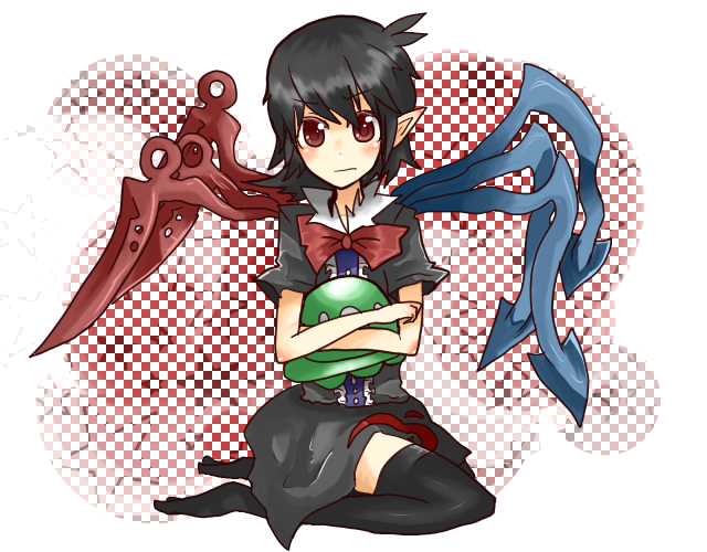 itomugi-kun, houjuu nue, touhou, bad id, bad pixiv id, 1girl, asymmetrical wings, female focus, full body, hug, pointy ears, red eyes, sitting, solo, thighhighs, ufo, white background, wings, zettai ryouiki