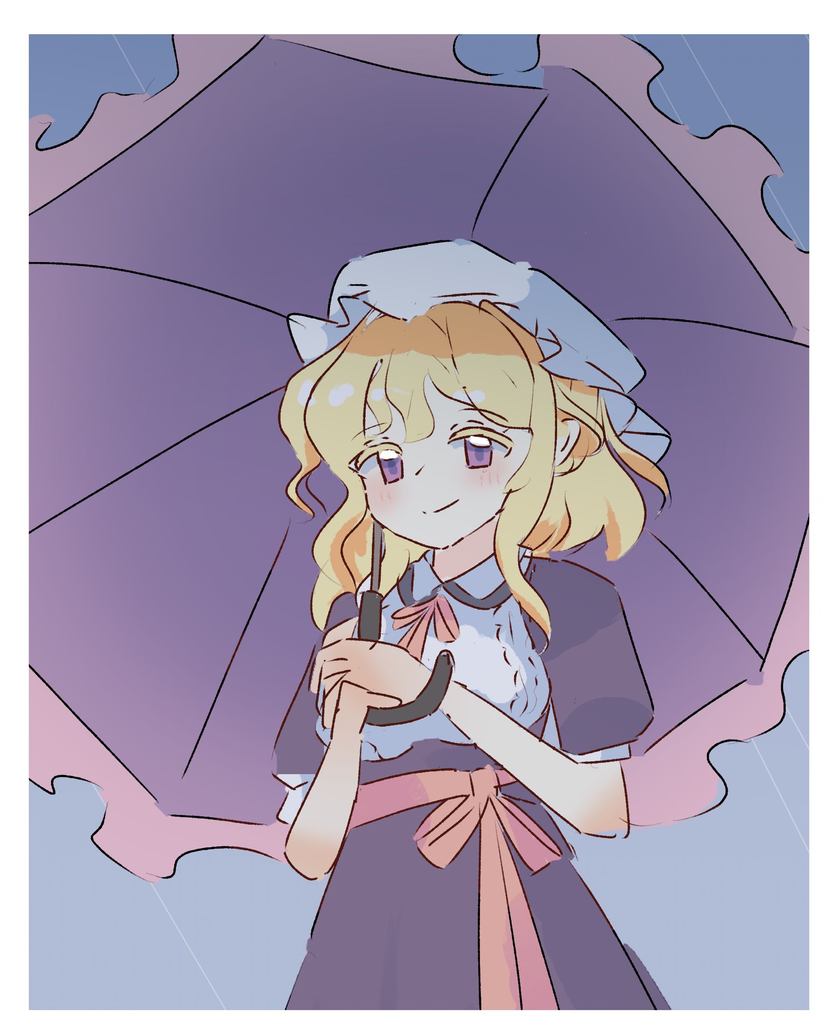 nagatsuki kei (nagatsuki22), maribel hearn, touhou, commentary, english commentary, highres, 1girl, blonde hair, blush, closed mouth, collared dress, contrast collar, dress, hat, holding, holding umbrella, medium hair, mob cap, neck ribbon, purple dress, purple eyes, purple umbrella, red ribbon, red sash, ribbon, sash, short sleeves, sleeve cuffs, smile, solo, standing, umbrella, white hat