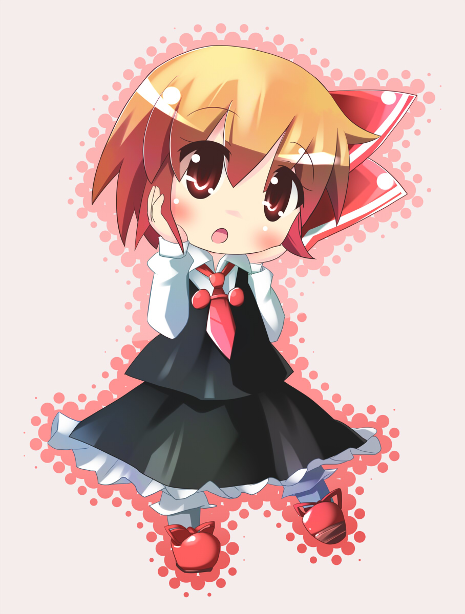 oneb (daidokoro), rumia, embodiment of scarlet devil, touhou, bad id, bad pixiv id, highres, 1girl, blonde hair, blush, bow, chibi, dress, female focus, hair bow, necktie, open mouth, red eyes, red necktie, short hair, solo