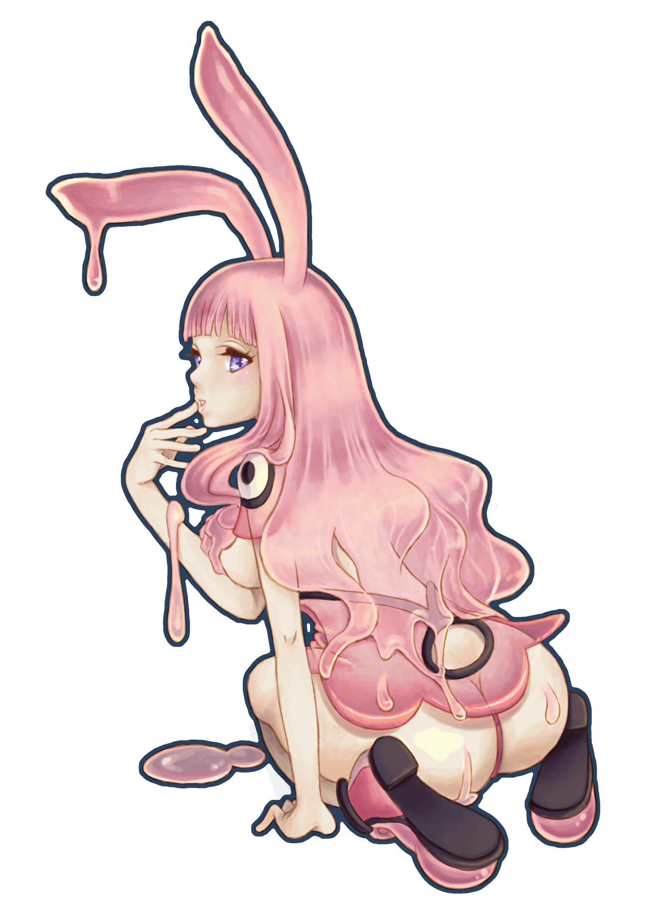natsucos, melona (queen's blade), protean assassin melona, queen's blade, highres, 1girl, animal ears, ass, blue eyes, blush, breasts, female focus, full body, monster girl, pink hair, prehensile hair, rabbit ears, simple background, slime (substance), slime girl, solo, white background