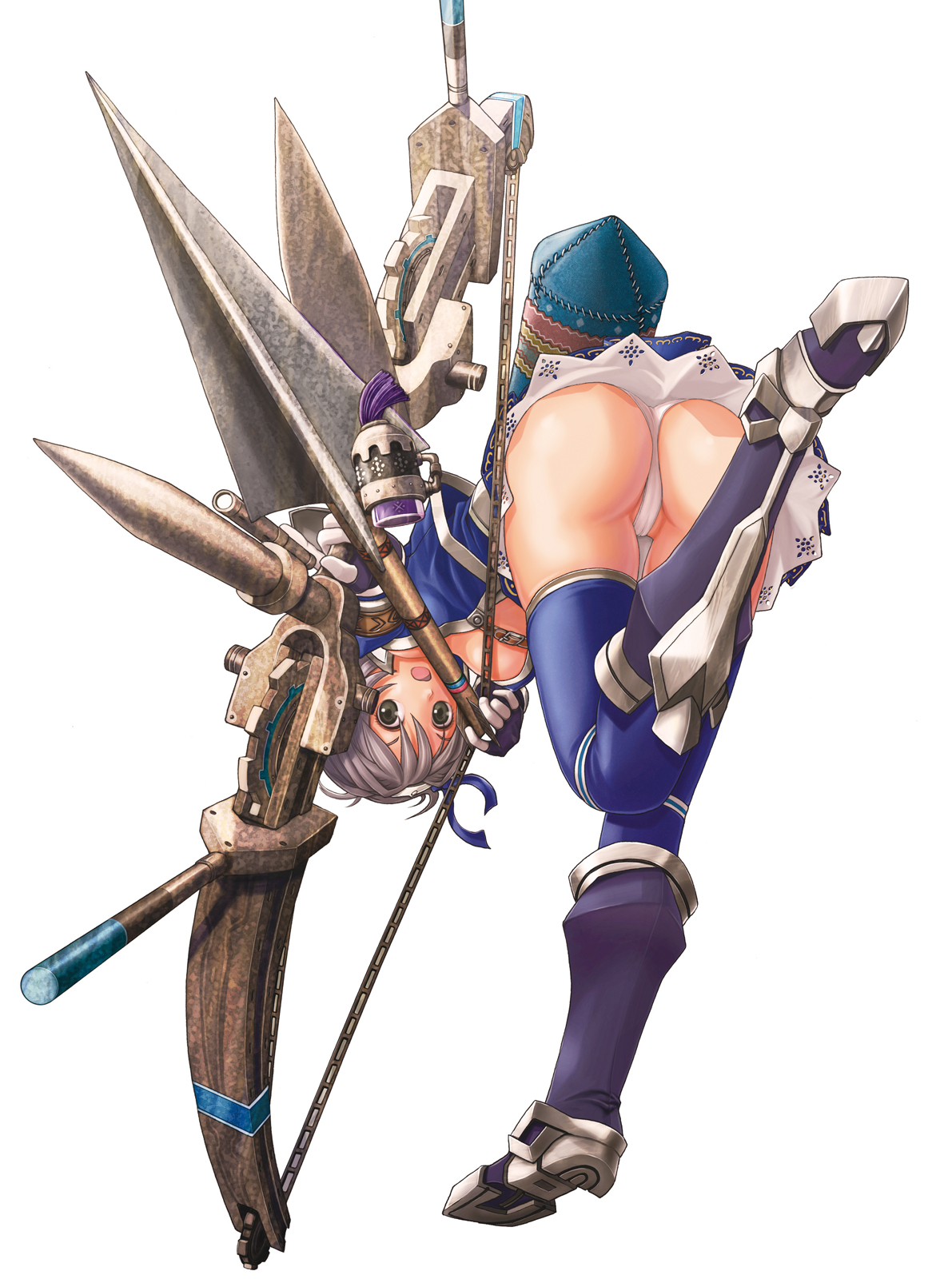 v-mag, capcom, monster hunter (series), monster hunter frontier, highres, 1girl, armor, ass, azure (armor), bent over, boots, bow (weapon), foreshortening, from behind, gloves, greaves, green eyes, grey hair, huge weapon, panties, pantyshot, skirt, thighhighs, underwear, upskirt, weapon, white panties