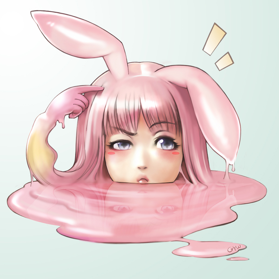 gyworz, melona (queen's blade), protean assassin melona, queen's blade, head, + +, 1girl, animal ears, blue eyes, blush, blush stickers, female focus, lips, monster girl, parody, pink hair, prehensile hair, rabbit ears, reflection, slime (substance), slime girl, solo, uneven eyes