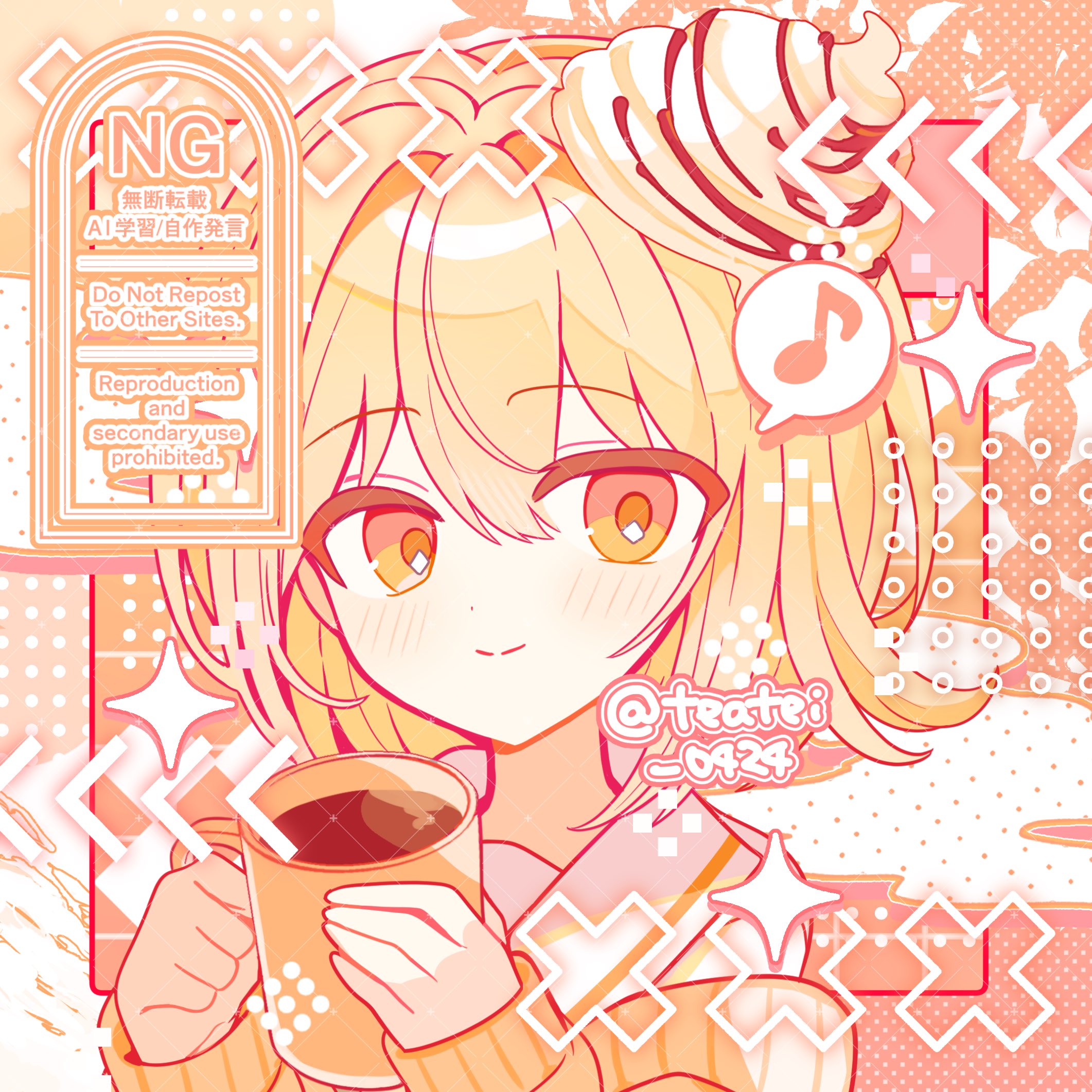 shirocha tei, original, commentary, commission, highres, skeb commission, 1girl, blonde hair, blush, borrowed character, closed mouth, collared shirt, cup, dot nose, double-parted bangs, hair between eyes, hair intakes, holding, holding cup, long sleeves, looking at viewer, musical note, off shoulder, orange sweater, portrait, shirt, short hair, sleeves past wrists, smile, solo, sparkle, spoken musical note, sweater, twitter username, watermark, white shirt, yellow eyes