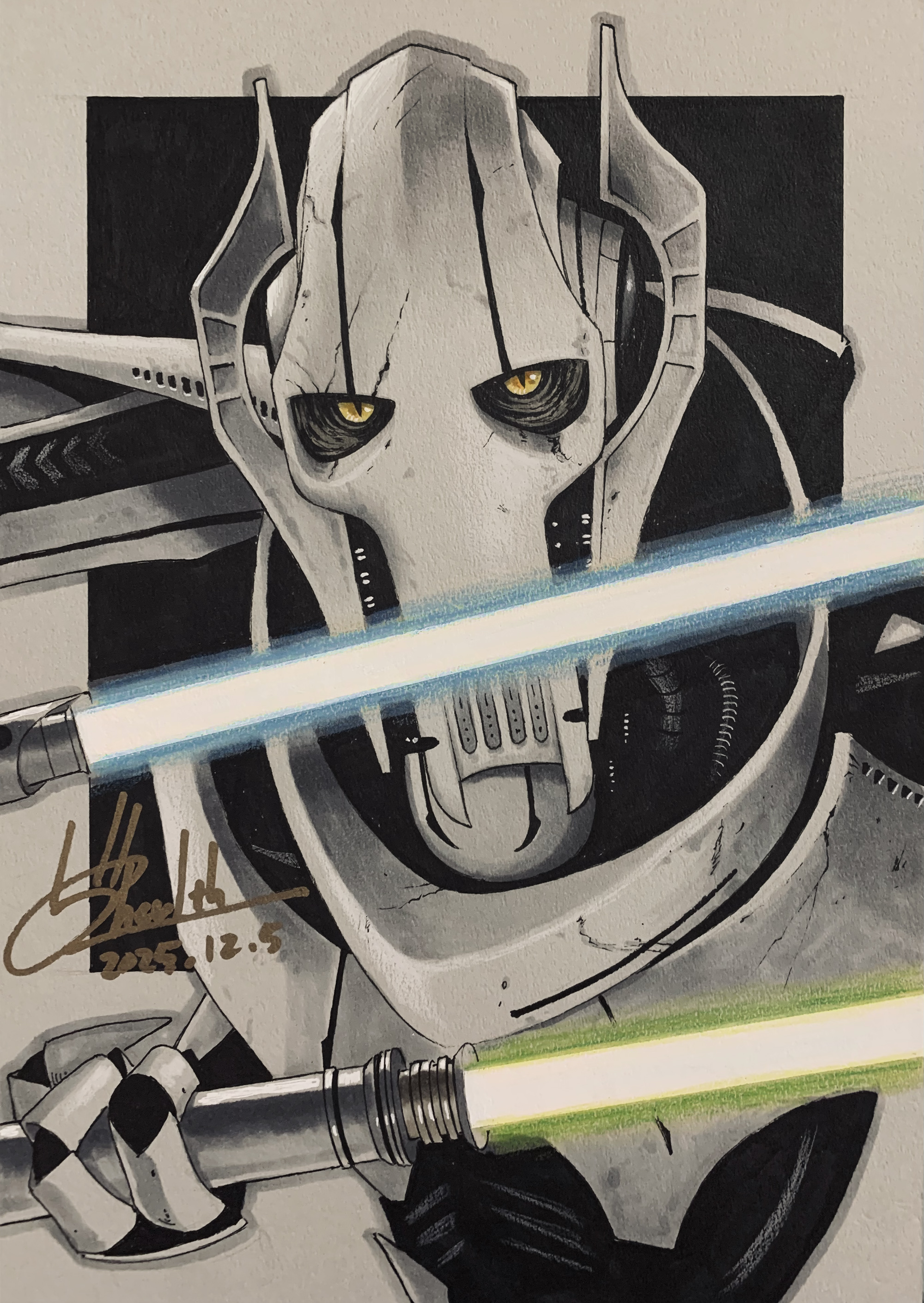 5health, general grievous, star wars, star wars: revenge of the sith, absurdres, commentary, highres, symbol-only commentary, 1boy, blue lightsaber, cyborg, dated, dual wielding, energy sword, green lightsaber, helmet, holding, holding sword, holding weapon, lightsaber, looking at viewer, male focus, signature, solo, sword, upper body, weapon, yellow eyes