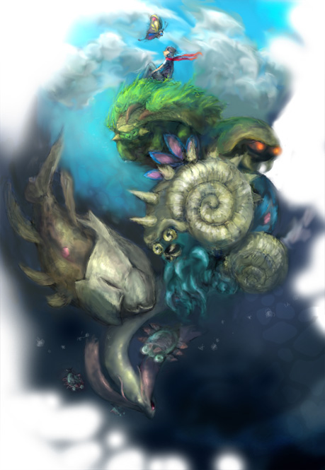 mizuhagane, anorith, beautifly, grotle, kabuto (pokemon), lucas (pokemon), milotic, omanyte, omastar, relicanth, nintendo, pokemon, pokemon dppt, artist request, bad id, bad pixiv id, 00s, 1boy, air bubble, bubble, gen 1 pokemon, gen 3 pokemon, gen 4 pokemon, monster, pokemon (creature), scarf, shell, spikes, underwater, water