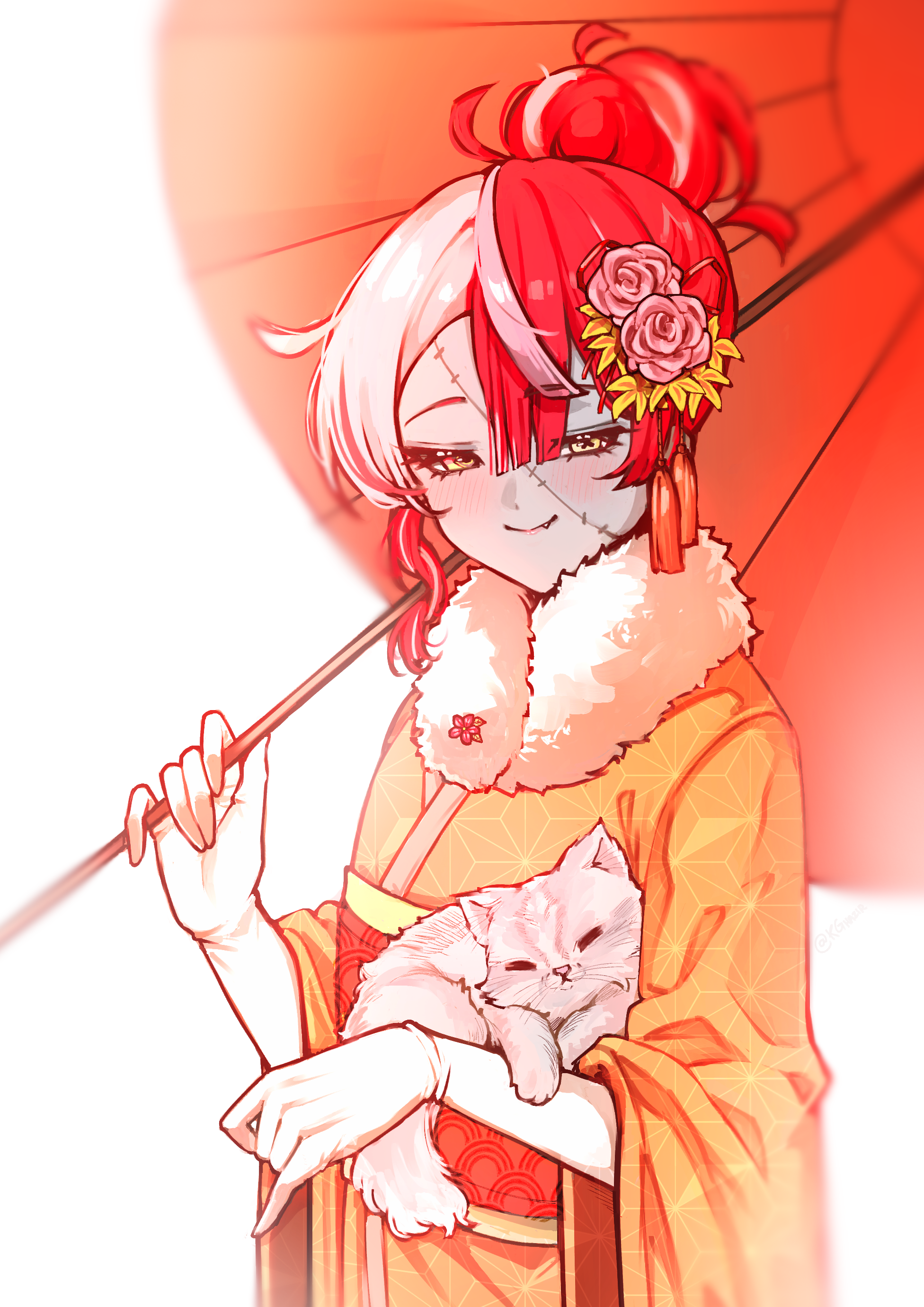 kghazir, kureiji ollie, kureiji ollie (new year), hololive, hololive indonesia, absurdres, commentary, english commentary, highres, 1girl, animal, cat, colored skin, elbow gloves, fang, fang out, flower, fur collar, gloves, grey skin, hair between eyes, hair bun, hair flower, hair ornament, hair up, holding, holding animal, holding cat, japanese clothes, kimono, light blush, looking at viewer, multicolored hair, obi, oil-paper umbrella, orange kimono, pink hair, red hair, sash, simple background, single hair bun, single sidelock, smile, solo, stitched face, stitches, streaked hair, symbol-shaped pupils, tassel, tassel hair ornament, umbrella, unmoving pattern, virtual youtuber, white background, white gloves, white hair, wide sleeves, x-shaped pupils
