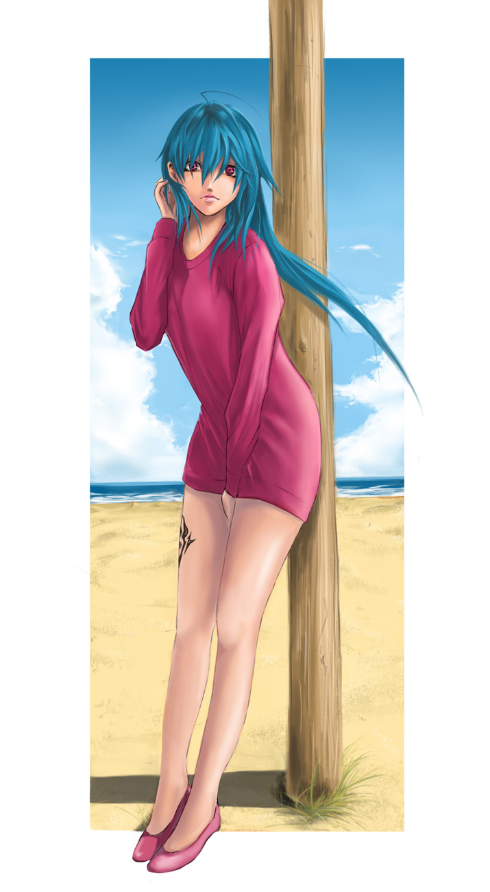 ying mao, original, bad id, bad pixiv id, character request, highres, 1girl, ahoge, beach, blue hair, day, female focus, legs, lips, pole, purple eyes, shoes, solo, tattoo