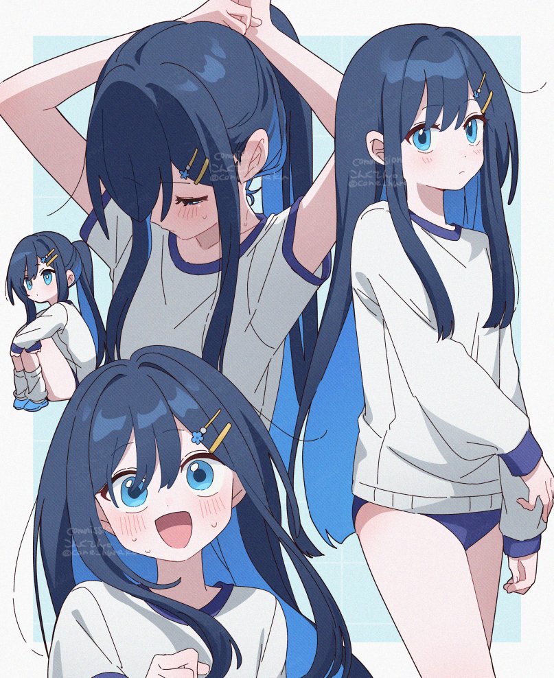 corn kuten, futaba minato, cevio, commentary request, 1girl, :d, blue background, blue buruma, blue eyes, blue hair, blush, border, buruma, closed mouth, colored inner hair, cowboy shot, gym uniform, hair ornament, hairclip, knees up, long hair, long sleeves, loose hair strand, multicolored hair, multiple views, open mouth, outside border, parallel hairclips, shirt, simple background, sitting, smile, sweat, tying hair, watermark, white border, white shirt