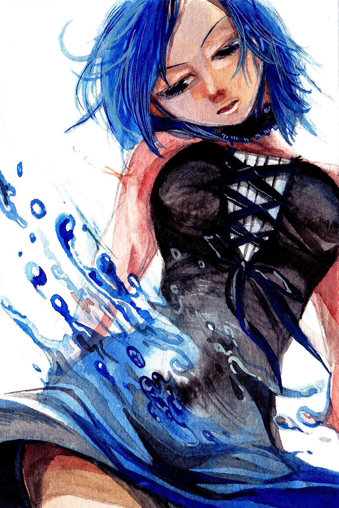 arubino, flog001, juvia lockser, fairy tail, highres, traditional media, 1girl, bare shoulders, blue eyes, blue hair, breasts, choker, corset, dress, female focus, from below, large breasts, matching hair/eyes, short hair, sleeveless, solo, water