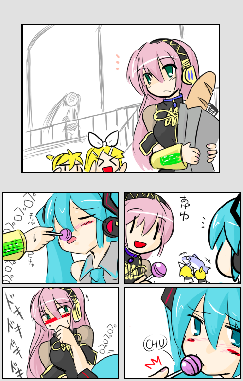 mutsuki (pixiv721144), mutsuki (suzumayu), hatsune miku, kagamine len, kagamine rin, megurine luka, vocaloid, > <, 1boy, 3girls, bag, baguette, blush, bread, candy, closed eyes, comic, fish, food, groceries, licking, lollipop, multiple girls, paper bag, sexually suggestive, silent comic, sweatdrop, tuna, | |
