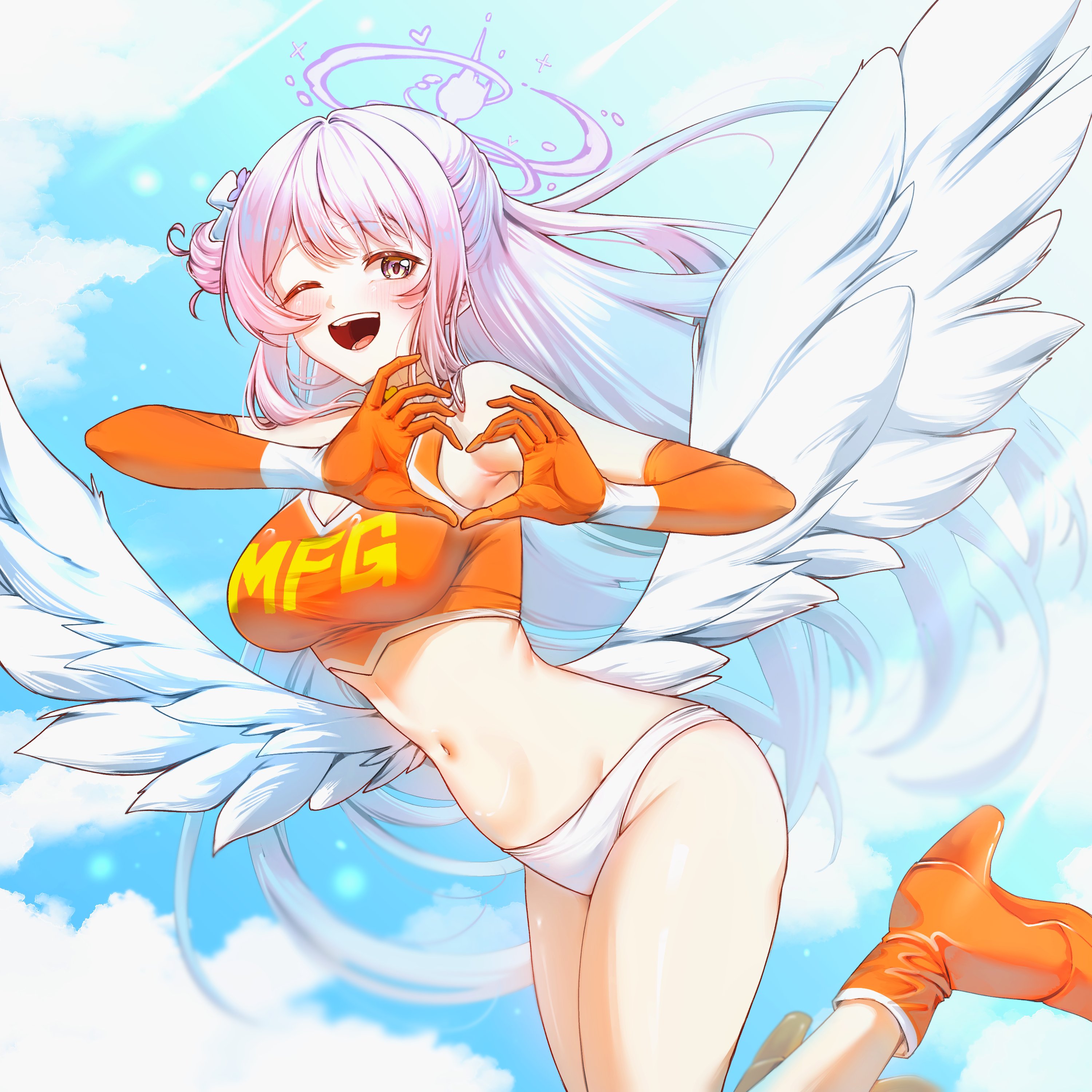 kghazir, mika (blue archive), blue archive, mf ghost, absurdres, commentary, commission, english commentary, highres, 1girl, ;d, angel wings, bare legs, bare shoulders, blue sky, blush, boots, breasts, cloud, crop top, elbow gloves, feathered wings, gloves, hair bun, halo, heart, heart hands, high heel boots, high heels, long hair, looking at viewer, low wings, medium breasts, mfg angels outfit, navel, one eye closed, open mouth, orange boots, orange gloves, panties, pink hair, pink halo, single side bun, sky, smile, solo, stomach, underwear, very long hair, white panties, white wings, wings, yellow eyes