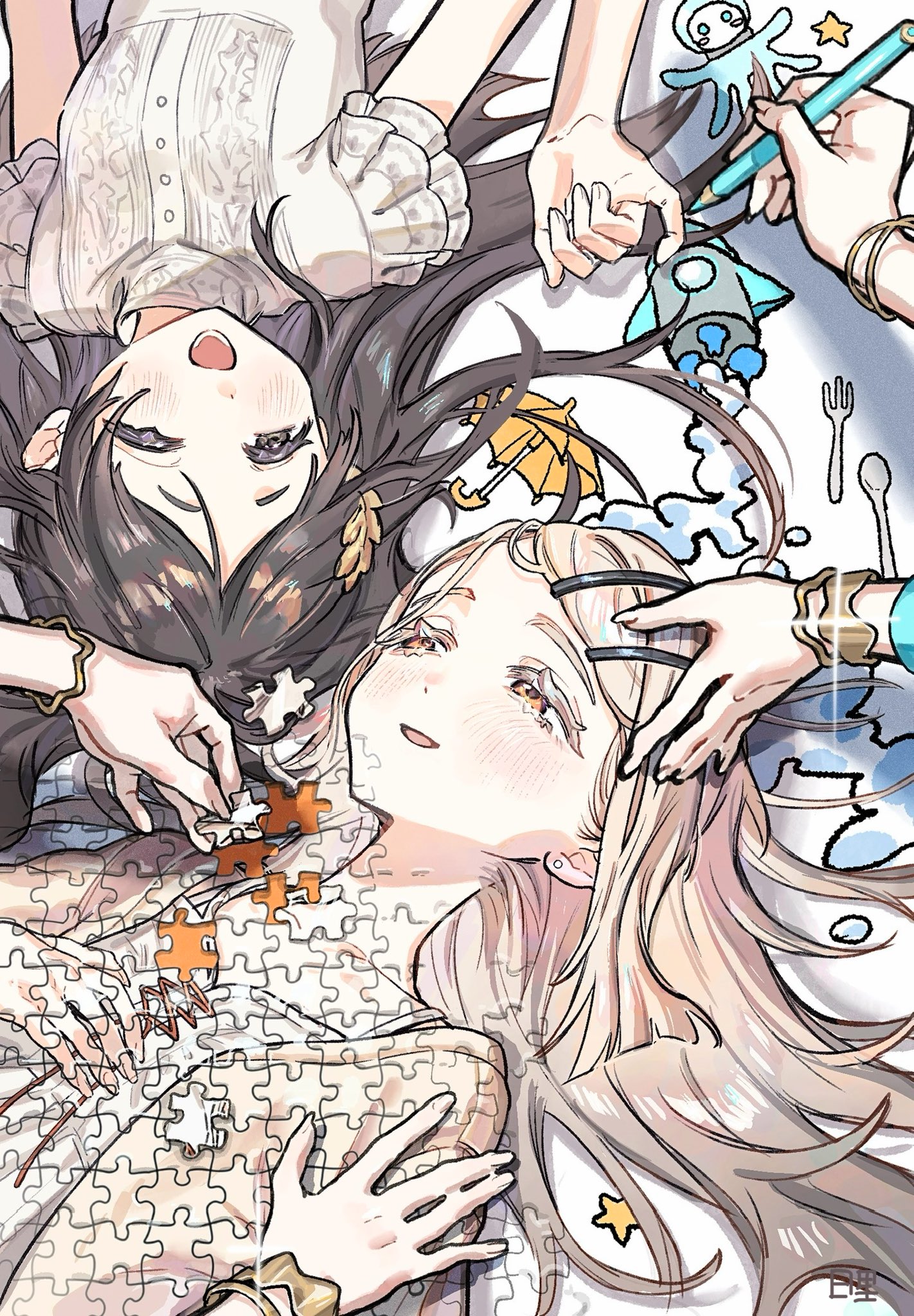 hisato 00, kuramoto china, shinosawa hiro, gakuen idolmaster, idolmaster, commentary request, highres, 2girls, blonde hair, blouse, blush, bracelet, brown hair, camisole, collarbone, colored eyelashes, hair ornament, hair spread out, hairclip, half-closed eyes, holding, holding pencil, holding puzzle piece, jewelry, jigsaw puzzle, laurels, leaf hair ornament, long hair, looking at another, lying, michinaru hirogaru (idolmaster), multiple girls, multiple views, on back, open clothes, open mouth, open robe, orange eyes, out of frame, parallel hairclips, pencil, puzzle, puzzle piece, robe, rotational symmetry, shirt, short sleeves, smile, upper body, white camisole, white robe, white shirt