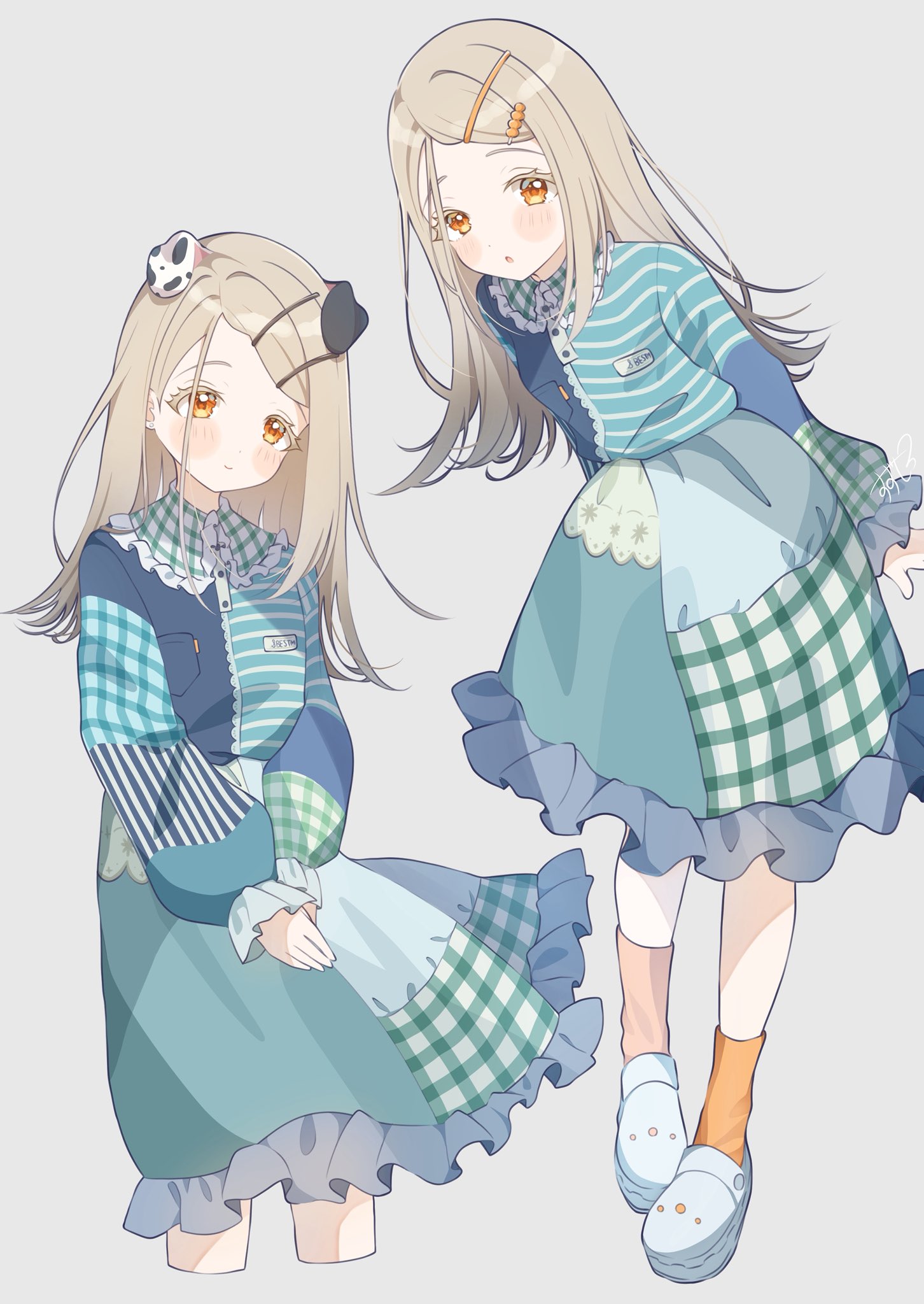 shinosawa hiro, gakuen idolmaster, idolmaster, commentary request, highres, 1girl, animal ears, blonde hair, blush, collar, cropped legs, dog ears, dress, frilled collar, frilled dress, frills, green dress, grey background, hair ornament, hairclip, long hair, long sleeves, looking at viewer, multiple views, omochi 0708, orange eyes, parallel hairclips, puffy long sleeves, puffy sleeves, shoes, signature, simple background, smile, socks, yellow socks