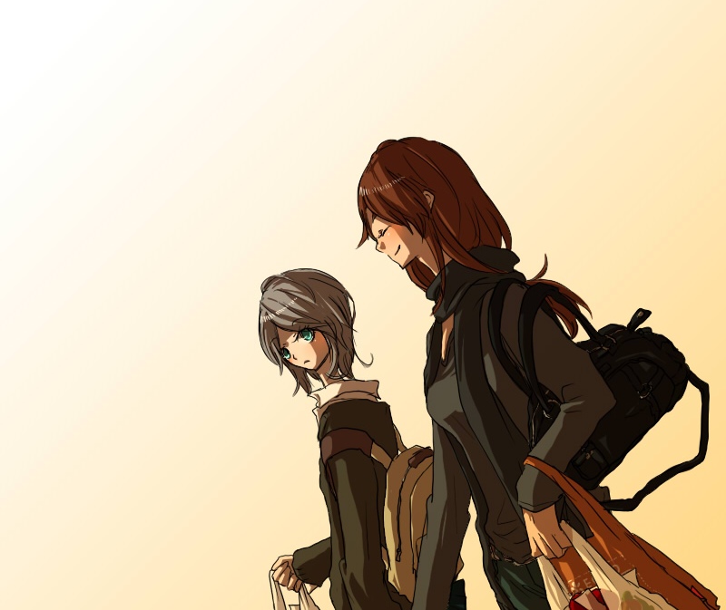 kurau kii, hong meiling, izayoi sakuya, touhou, silver hair, bad id, bad pixiv id, 2girls, bag, contemporary, female focus, gradient background, multiple girls, red hair