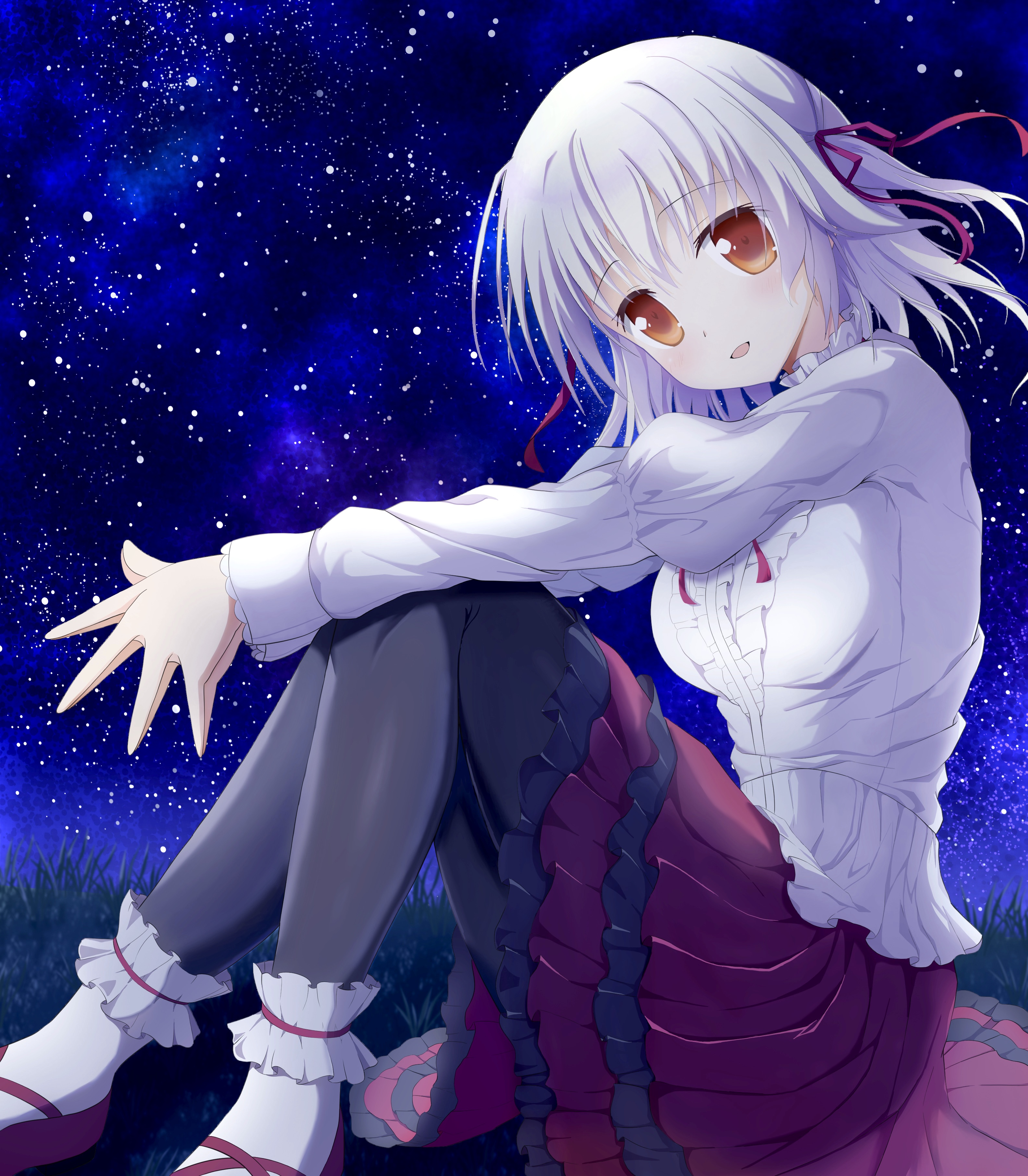ototsu yume, hoshizora no memoria, absurdres, commentary request, highres, 1girl, :d, black pantyhose, blush, breasts, center frills, frilled shirt, frilled skirt, frilled socks, frills, from side, full body, hair between eyes, hair ribbon, knees up, long sleeves, looking at viewer, medium breasts, medium hair, medium skirt, night, open mouth, orange eyes, outdoors, outstretched hand, own hands together, pantyhose, pleated skirt, red ribbon, red shoes, red skirt, ribbon, shirt, shoes, sidelighting, sitting, skirt, sky, smile, socks, solo, star (sky), starry sky, steepled fingers, two side up, user gesz2338, white hair, white shirt, white socks
