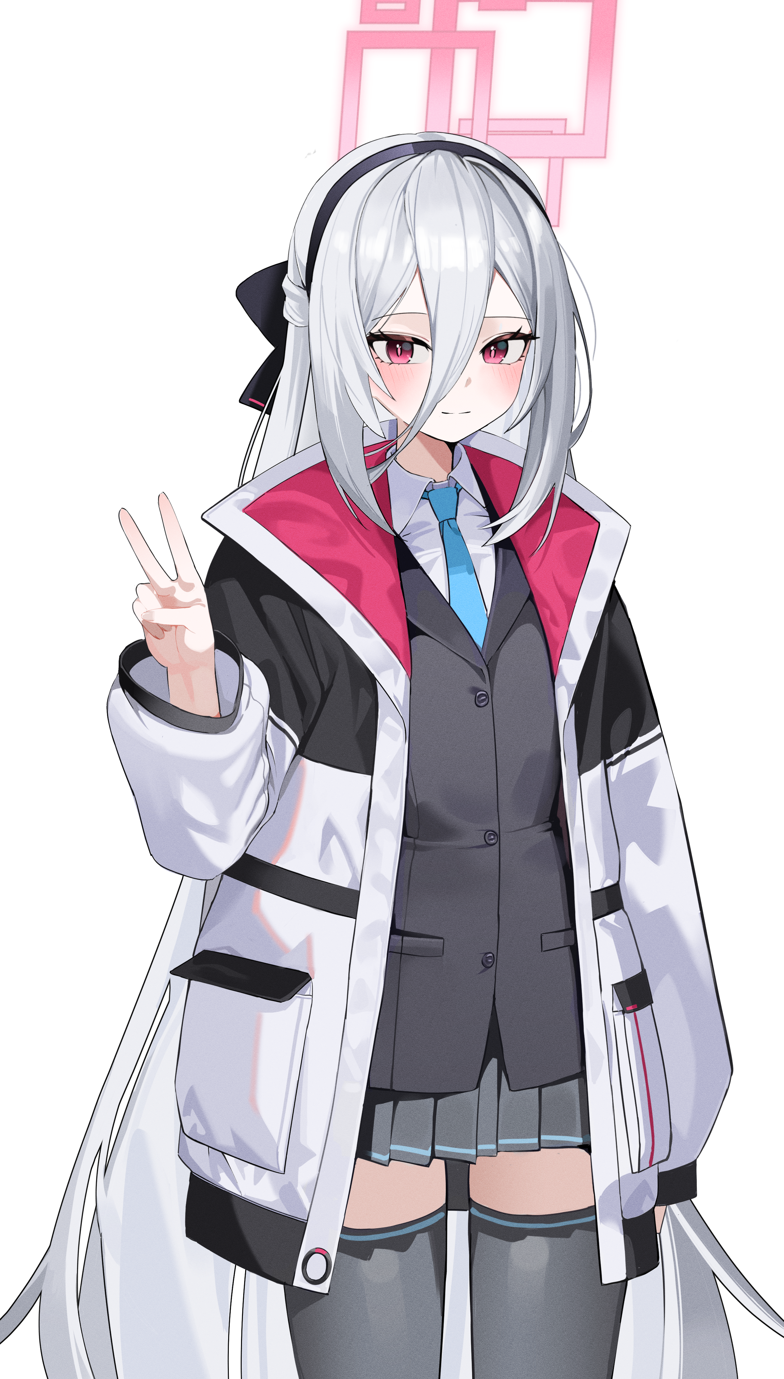seueo, kei (blue archive), kei (new body) (blue archive), blue archive, absurdres, commentary, highres, korean commentary, 1girl, arm at side, black bow, black hairband, black jacket, blazer, blue jacket, blue necktie, blush, bow, buttons, closed mouth, collared shirt, grey hair, grey skirt, grey thighhighs, hair between eyes, hair bow, hairband, half updo, halo, hand up, jacket, light blush, long bangs, long hair, long sleeves, looking at viewer, miniskirt, multicolored jacket, necktie, open clothes, open jacket, pink eyes, pink halo, pleated skirt, puffy long sleeves, puffy sleeves, rectangular halo, school uniform, shirt, simple background, single horizontal stripe, skirt, solo, standing, striped clothes, striped skirt, thighhighs, two-tone jacket, v, very long hair, white background, white shirt, zettai ryouiki