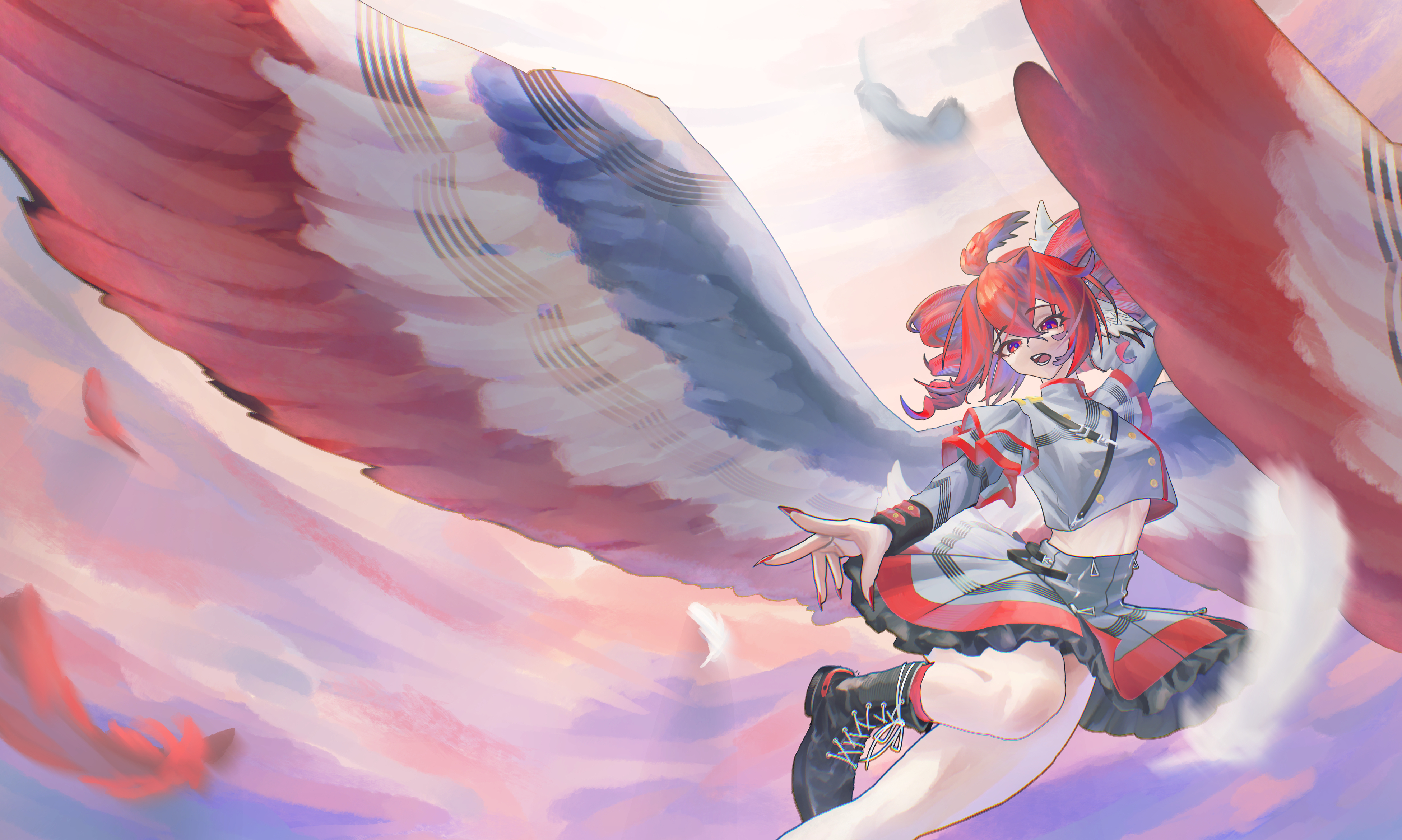 hoot (00hoot), kasane teto, kasane teto (sv), synthesizer v, absurdres, commentary, english commentary, highres, 1girl, ahoge, angel wings, black boots, boots, bow, buttons, double-breasted, drill hair, feathered wings, feathers, flapping, frilled skirt, frills, grey jacket, grey skirt, grey sleeves, grey wings, hair between eyes, hair ornament, hair ribbon, jacket, long sleeves, looking at viewer, midriff, open mouth, outstretched arm, red eyes, red hair, red nails, red trim, red wings, ribbon, shoulder belt, shoulder boards, skirt, sleeve cuffs, solo, striped clothes, striped jacket, striped skirt, teeth, twin drills, upper teeth only, white bow, white ribbon, white wings, wings