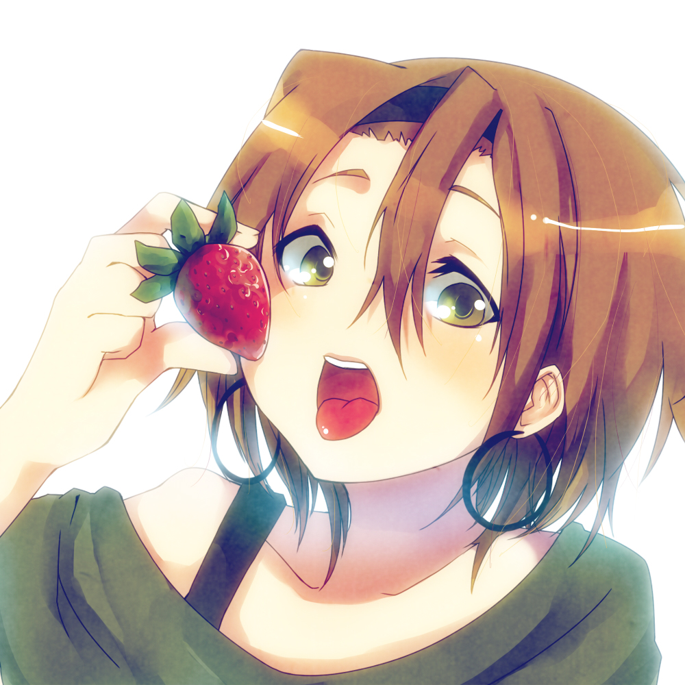 dancho (dancyo), skull.03, tainaka ritsu, k-on!, listen!!, bad id, bad pixiv id, 1girl, bare shoulders, brown hair, casual, earrings, female focus, food, fruit, hairband, headband, holding, holding food, holding fruit, hoop earrings, jewelry, no nose, open mouth, round teeth, short hair, solo, strawberry, teeth, tongue, tongue out, yellow eyes