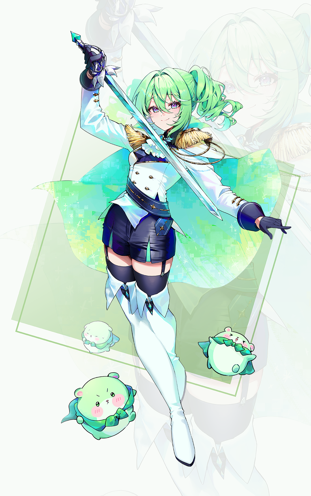 46 coffee, chico (yuzuha riko), yuzuha riko, stellive, commentary, highres, 1girl, ascot, black gloves, black shorts, black thighhighs, blue eyes, boots, buttons, cape, closed mouth, double-breasted, full body, garter straps, gloves, gradient eyes, green cape, green hair, holding, holding sword, holding weapon, multicolored eyes, shirt, shorts, sword, thigh boots, thighhighs, twintails, two-sided cape, two-sided fabric, virtual youtuber, weapon, white ascot, white boots, white cape, white shirt