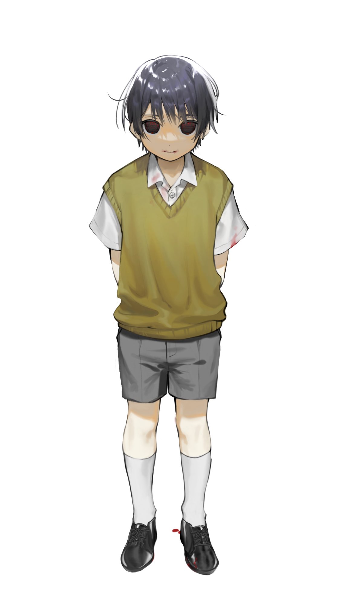 unholymilk, original, highres, 1boy, arms behind back, black eyes, black hair, black shoes, blood, blood on clothes, blood on mouth, blood on shoes, closed mouth, collared shirt, dot nose, full body, grey shorts, looking at viewer, male focus, no pupils, shaded face, shirt, shoes, short hair, short sleeves, shorts, simple background, smile, socks, solo, standing, sweater vest, white background, white shirt, white socks, yellow sweater vest