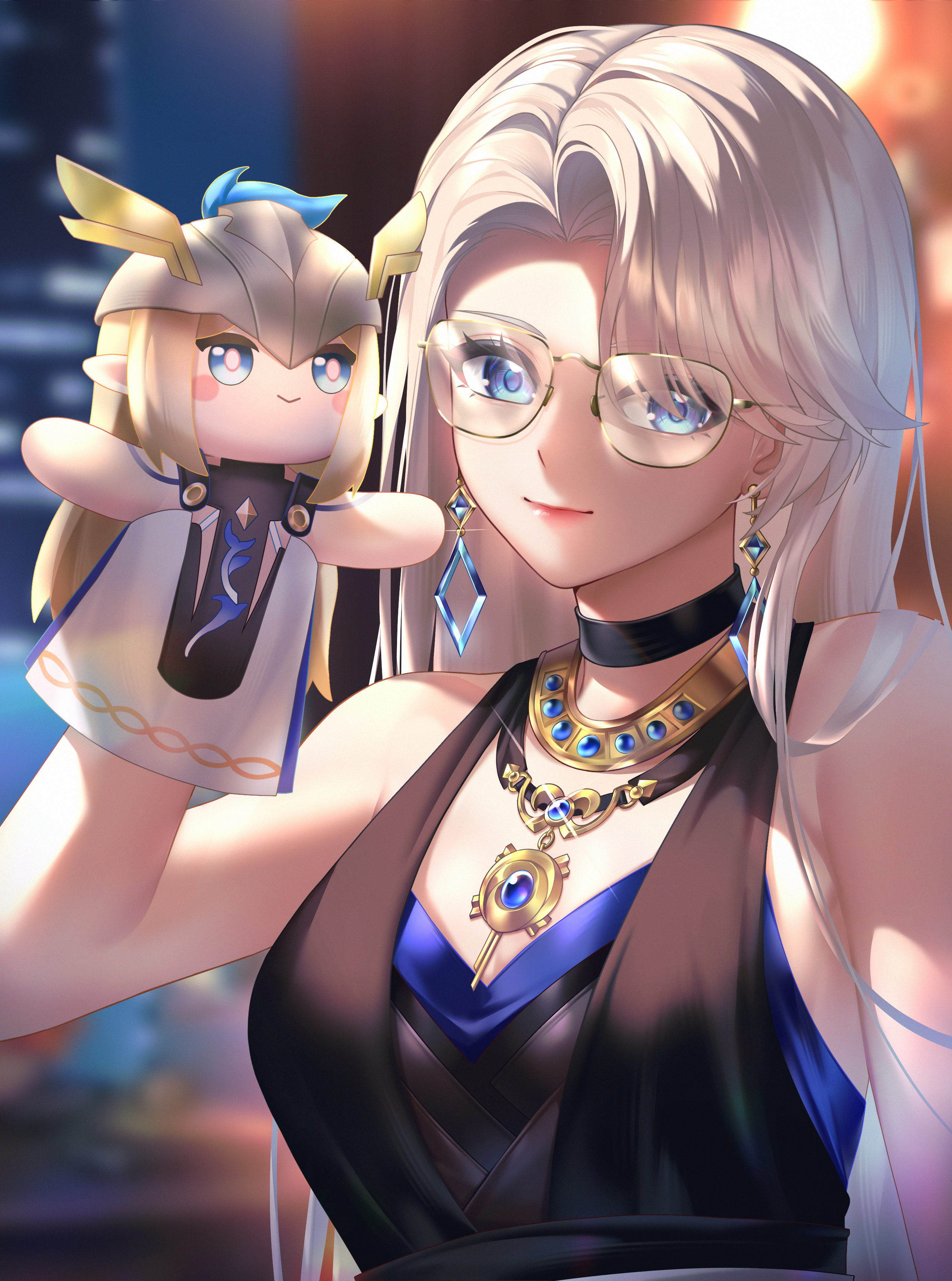 ymmy203203, cartethyia (wuthering waves), eileen (a-soul), a-soul, wuthering waves, absurdres, commentary request, highres, 1girl, bare shoulders, blonde hair, blue eyes, blurry, blurry background, breasts, closed mouth, earrings, glasses, hand puppet, hand up, jewelry, long hair, looking at viewer, medium breasts, puppet, smile, solo, upper body