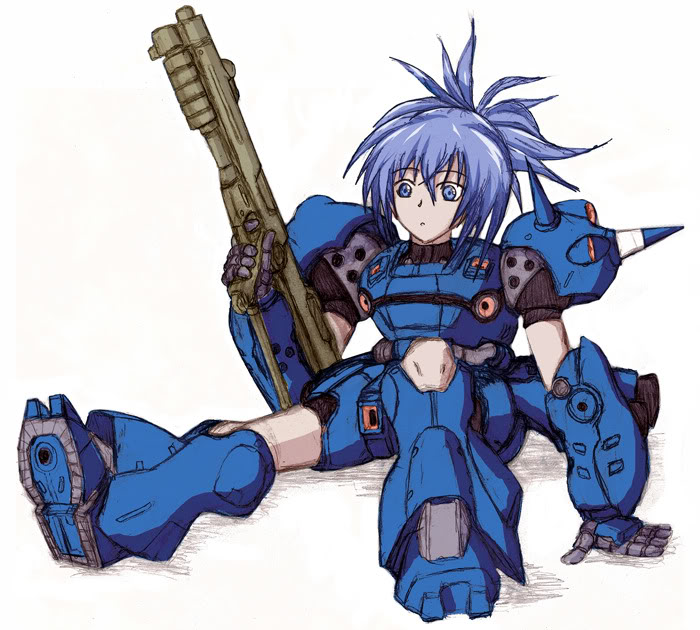 kampfer (mobile suit), senou natsuru, gundam, gundam 0080, kampfer, 1980s (style), gender request, 1girl, blue eyes, blue hair, female focus, genderswap, gun, matching hair/eyes, mecha musume, oldschool, pun, retro artstyle, shotgun, solo, weapon