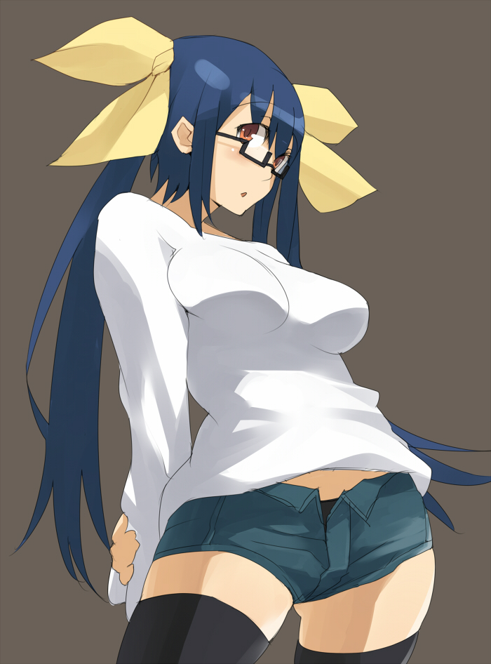 domu, dizzy (guilty gear), arc system works, guilty gear, bad id, bad pixiv id, 1girl, bespectacled, blue hair, bow, breasts, casual, female focus, glasses, hair bow, large breasts, long hair, red eyes, ribbon, semi-rimless eyewear, short shorts, shorts, solo, thighhighs, twintails, under-rim eyewear