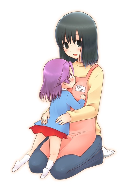 chabacha, kajiki yumi, touyoko momoko, saki (manga), 2girls, aged down, apron, black eyes, black hair, blush, hug, kindergarten, kindergarten teacher, kindergarten uniform, kneeling, miniskirt, multiple girls, pants, purple hair, simple background, skirt, socks, time paradox, white background