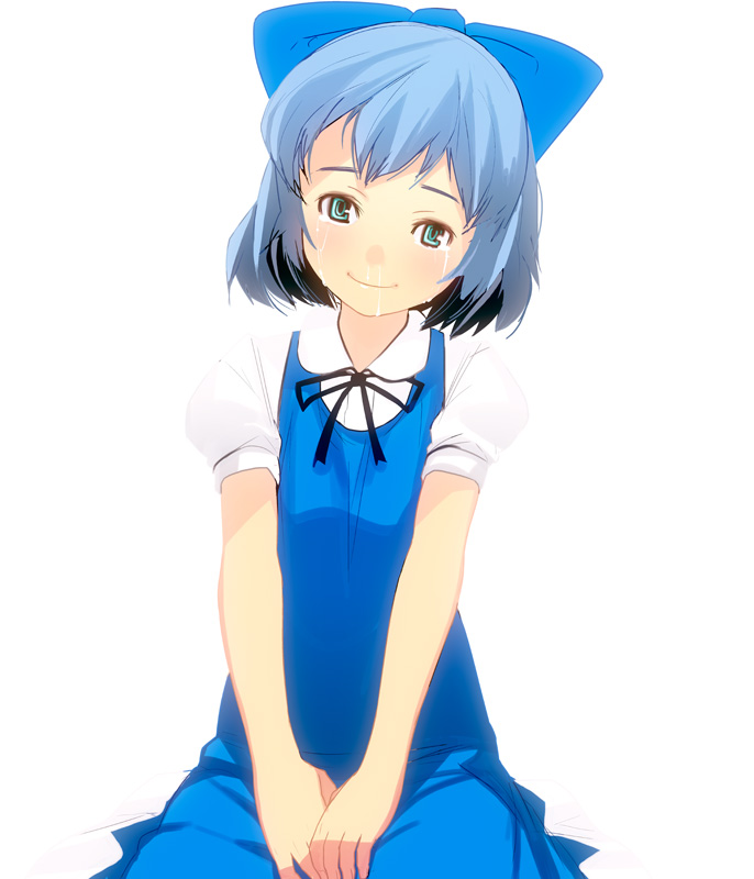 kouno (masao), cirno, embodiment of scarlet devil, touhou, bad id, bad pixiv id, commentary request, partial commentary, 1girl, aqua eyes, blonde hair, blue eyes, blue hair, bow, female focus, green eyes, hair bow, happy, head tilt, matching hair/eyes, sad, short hair, sitting, smile, solo, tears, v arms