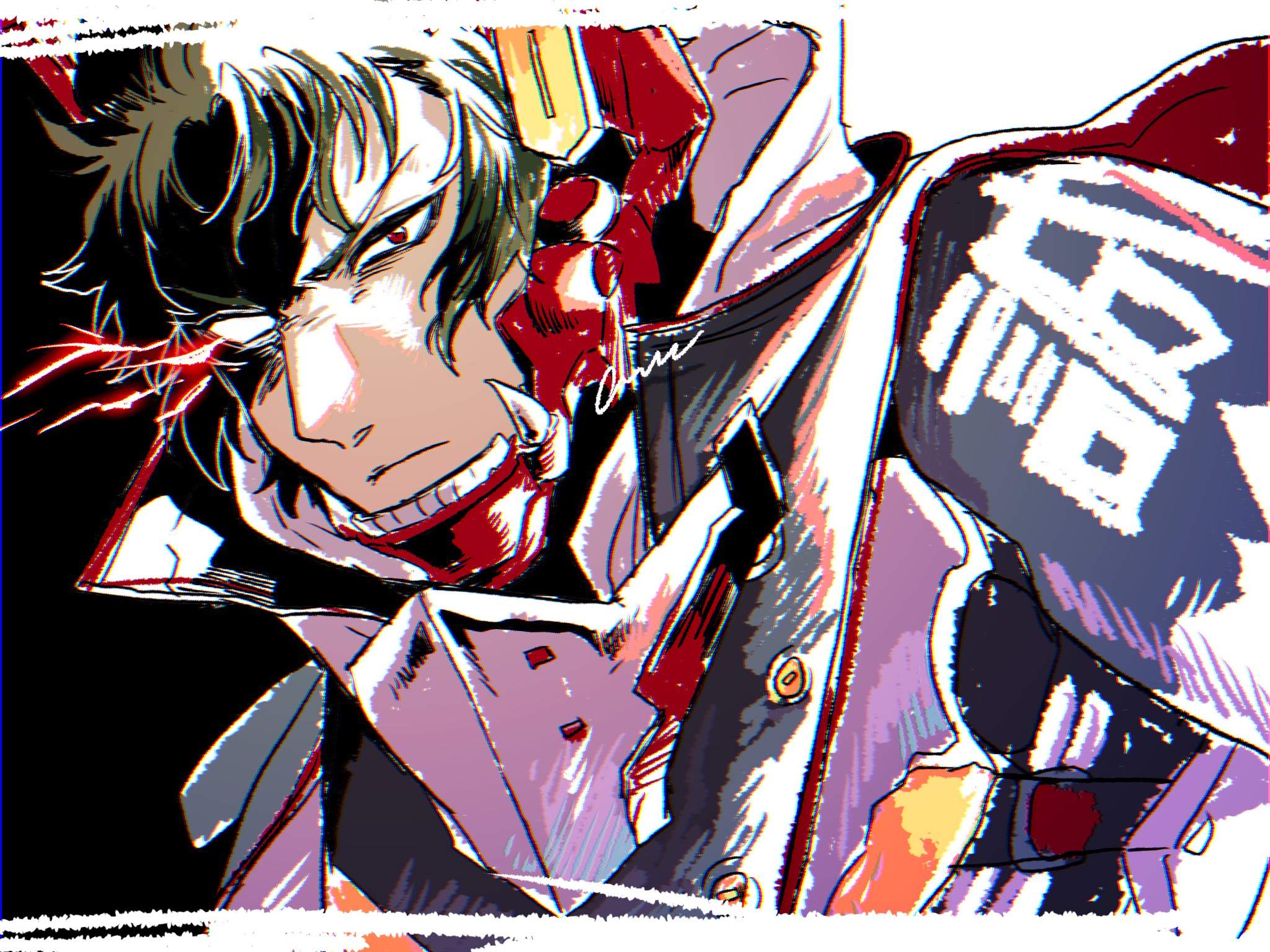 a nzi end, hijikata toshizou (fate), fate/grand order, fate (series), commentary request, highres, 1boy, armor, brown hair, chromatic aberration, closed mouth, helmet, looking at viewer, male focus, red eyes, short hair, single blank eye, solo, upper body